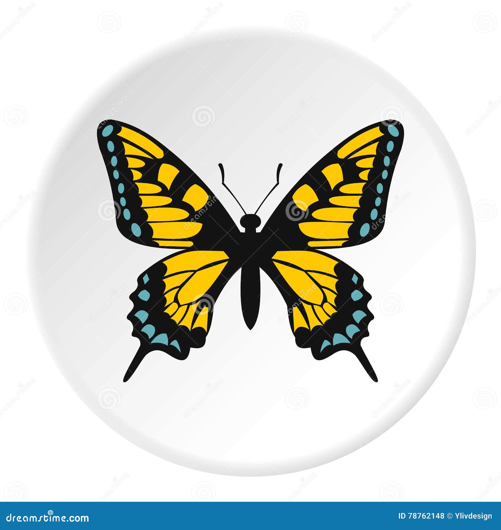 Blue and Yellow Butterfly Icon, Flat Style Stock Vector Illustration