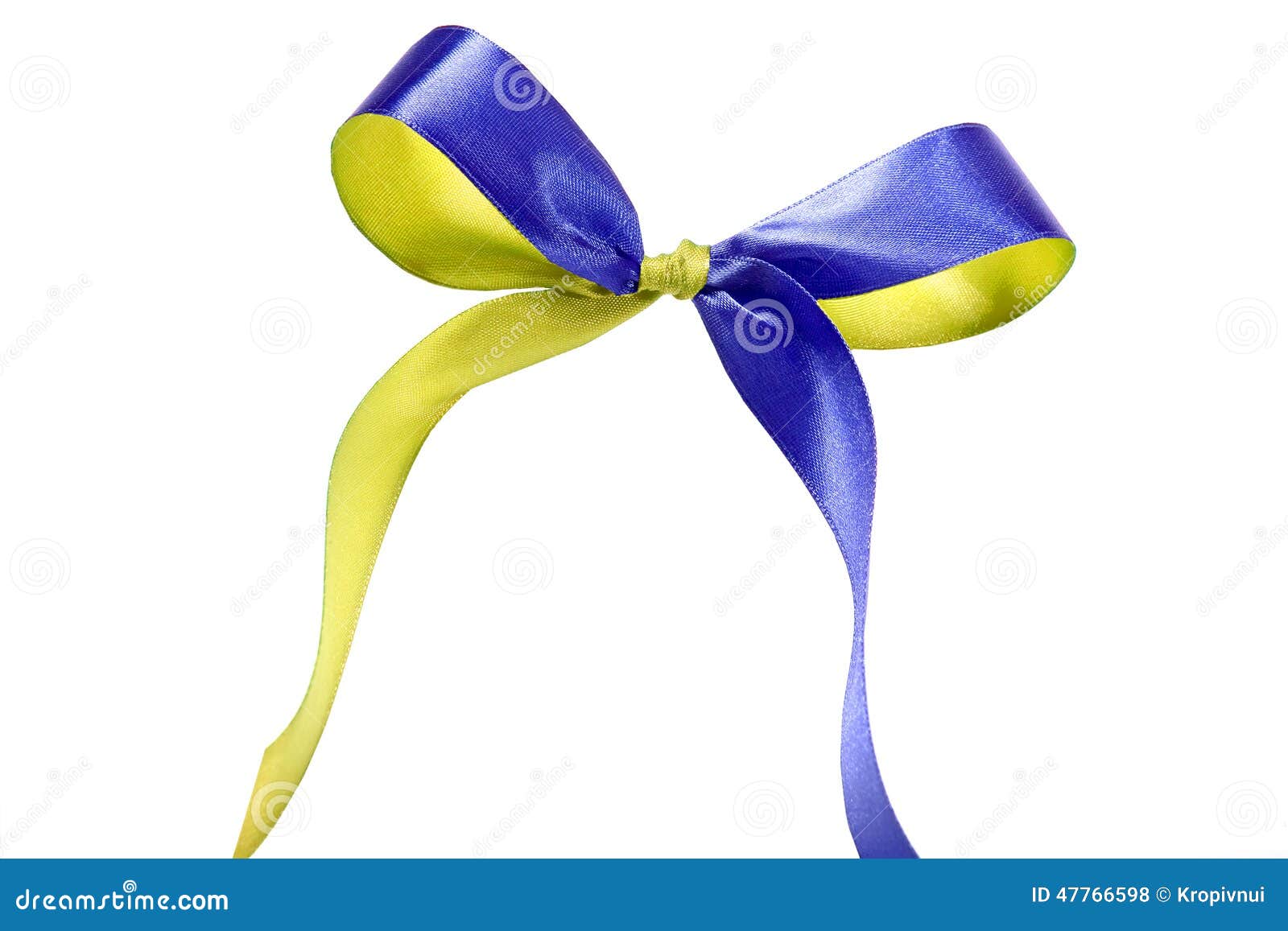 Blue-yellow Fabric Ribbon and Bow. Isolated on White Background Stock