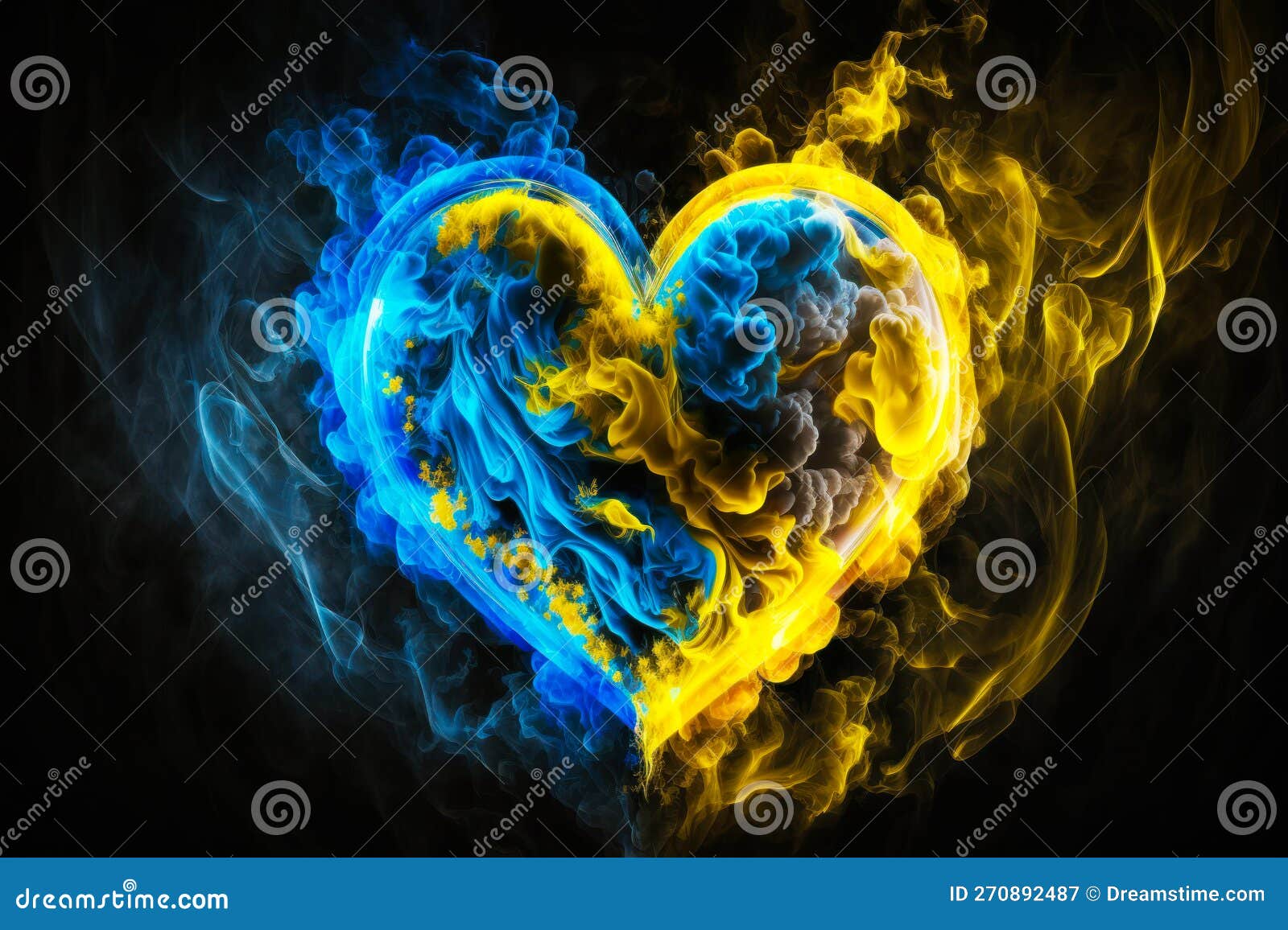 Blue and Yellow Heart on Black Background. Generative AI Stock