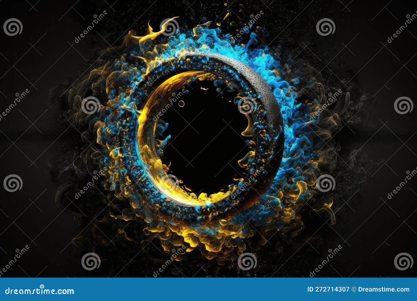 blue yellow ring burst fumetti on black background 3d render digital 