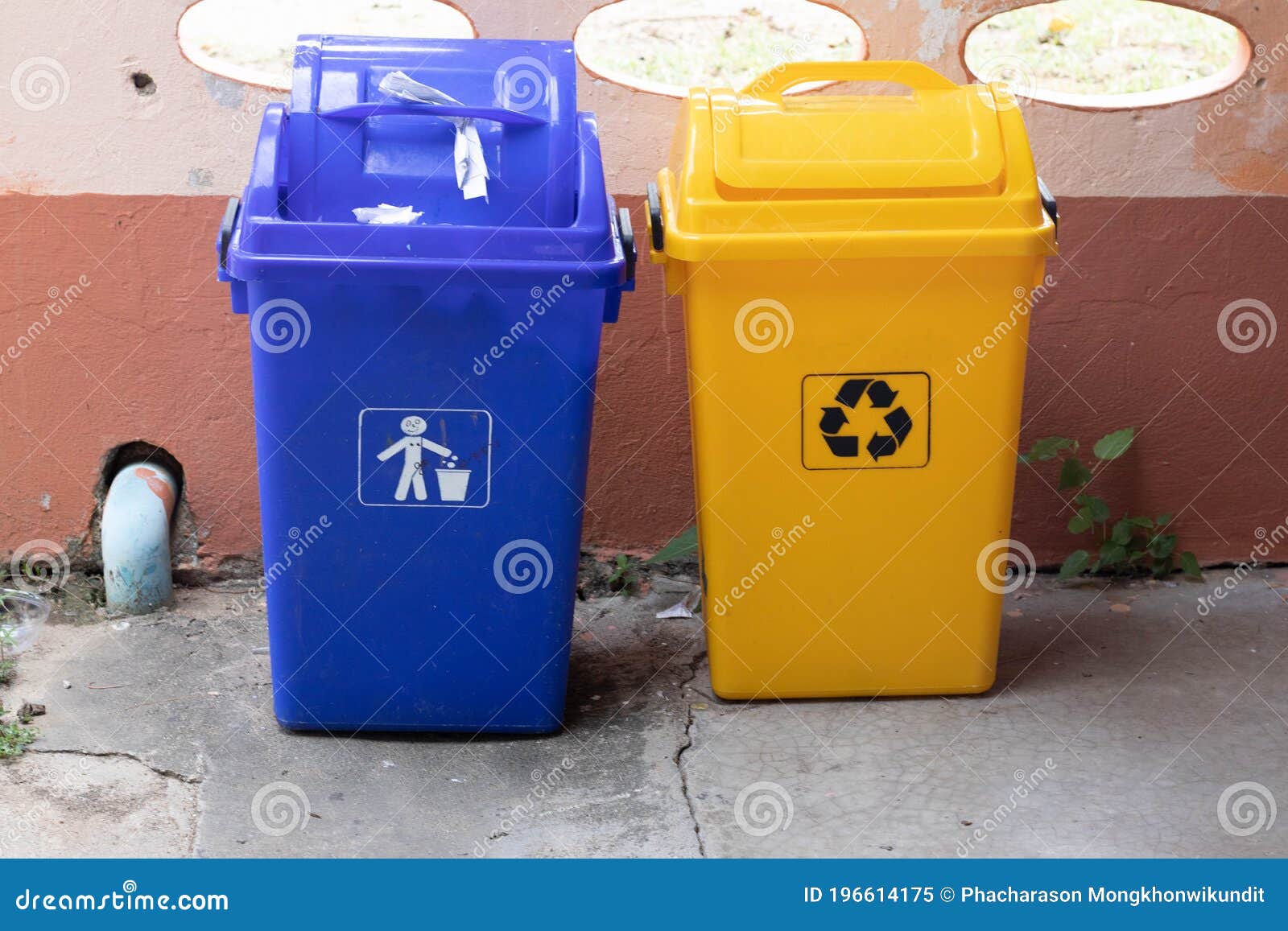 Blue and Yellow Trash Cans. Colorful Plastic Bins for Different Waste