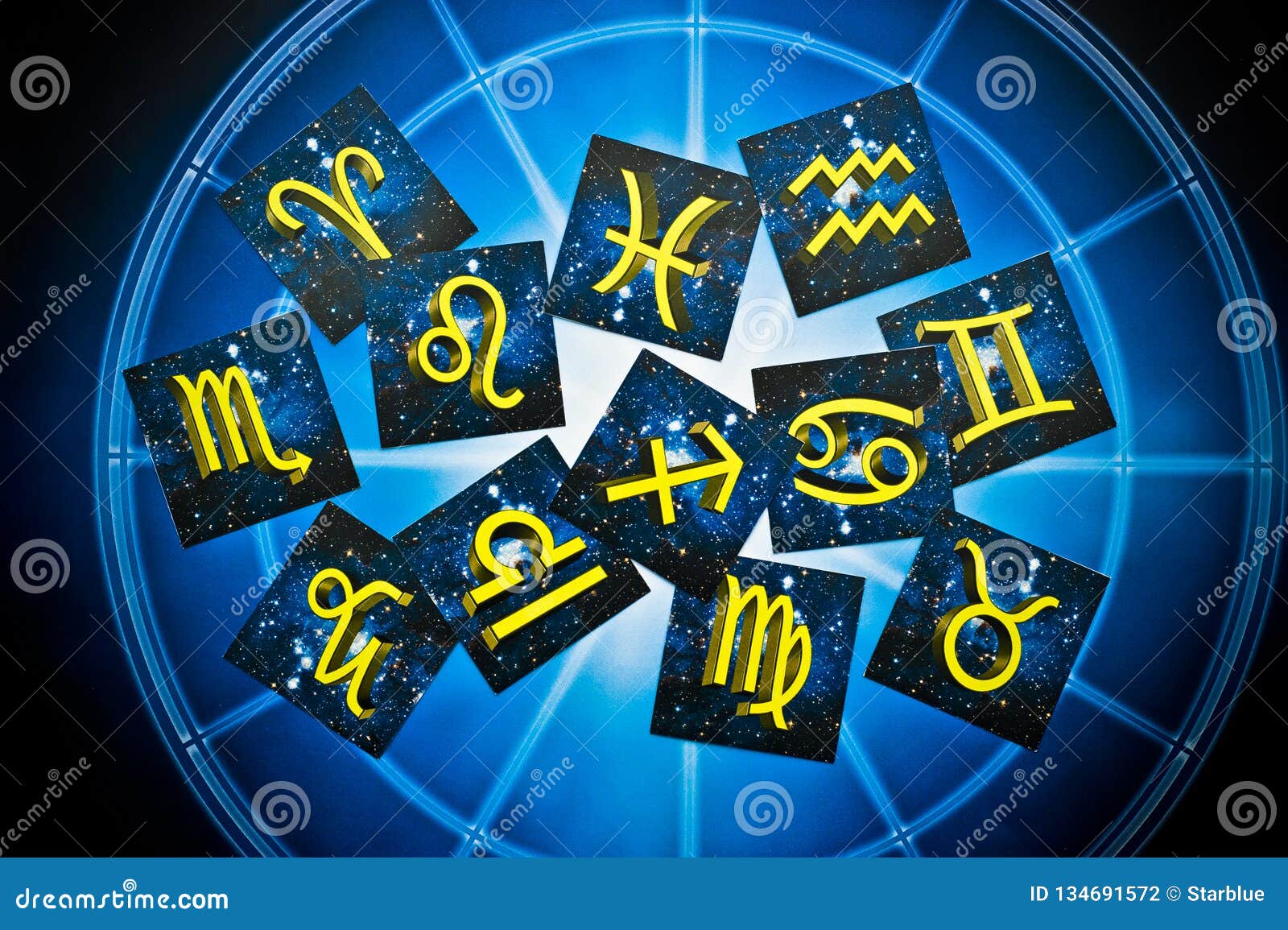 Blue Yellow Zodiac Signs Over Blue Horoscope Like Astrology Concept ...