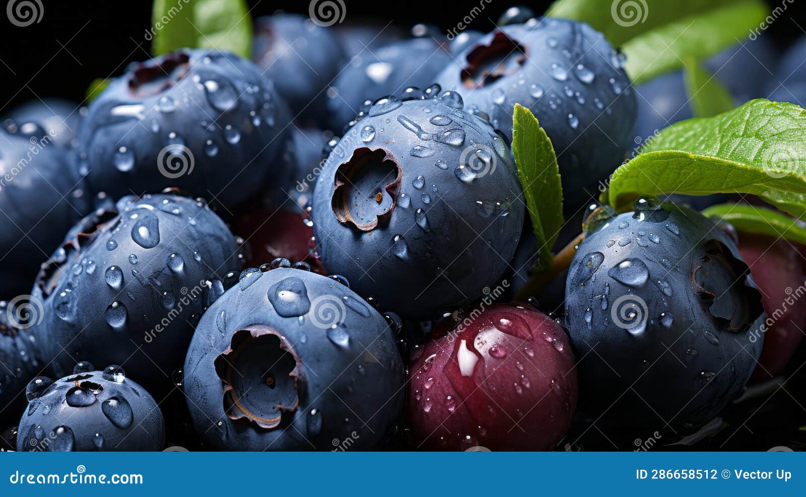 Blueberries Closeup in Water Drops. Generative AI. Stock Photo Image