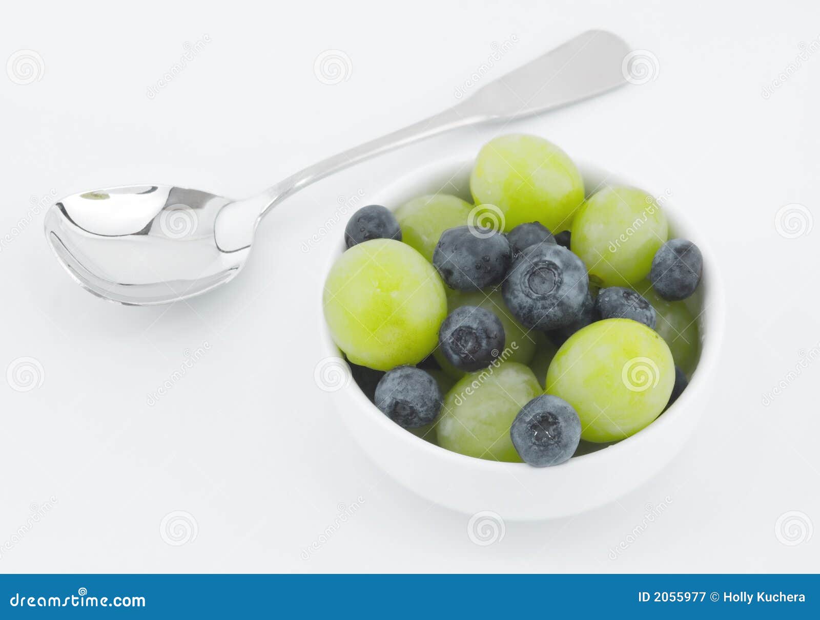 Blueberries And Grapes In White Bowl With Spoon Two Stock Image Image