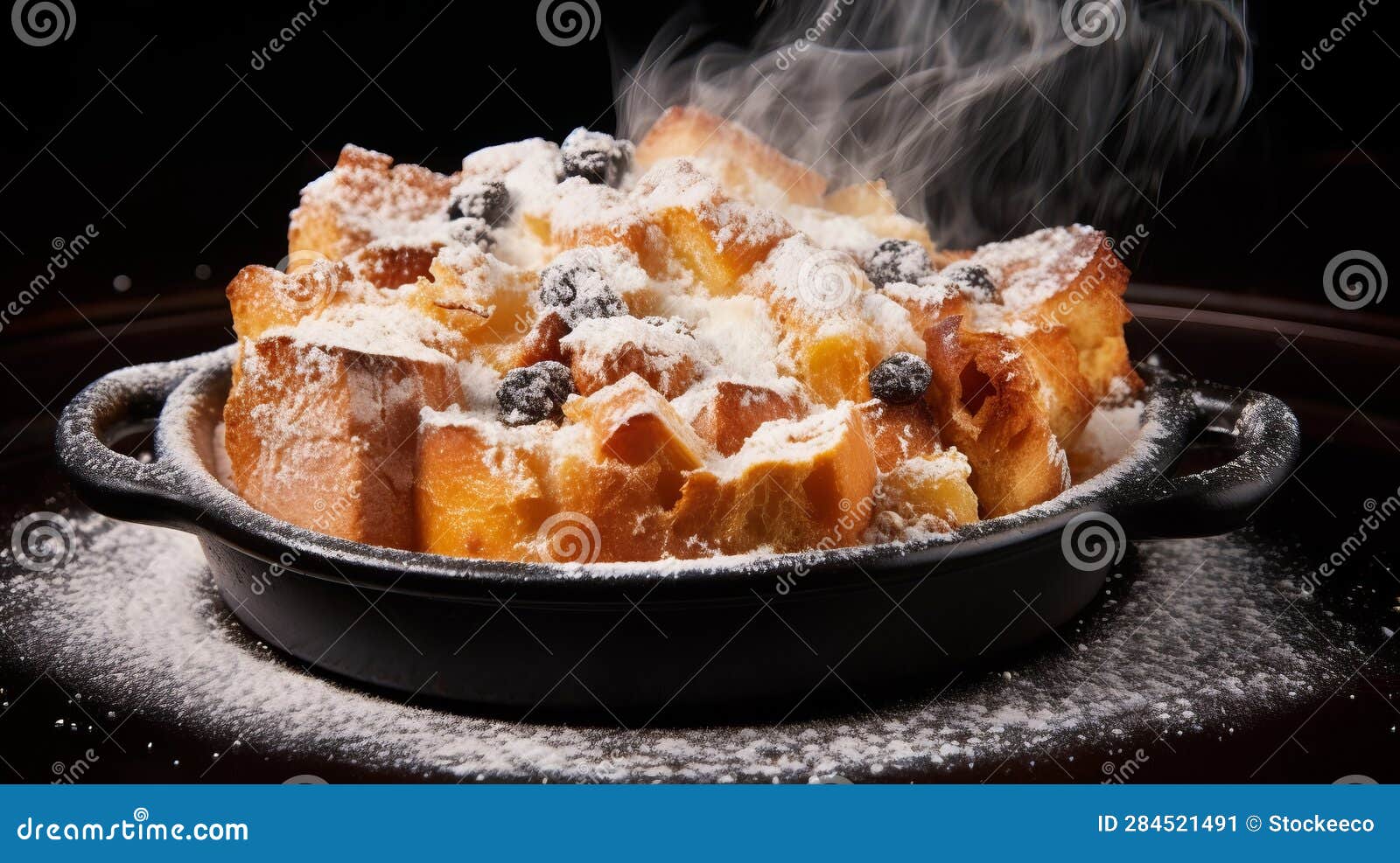 delicious jazz bread pudding with a delicate dusting of powdered sugar