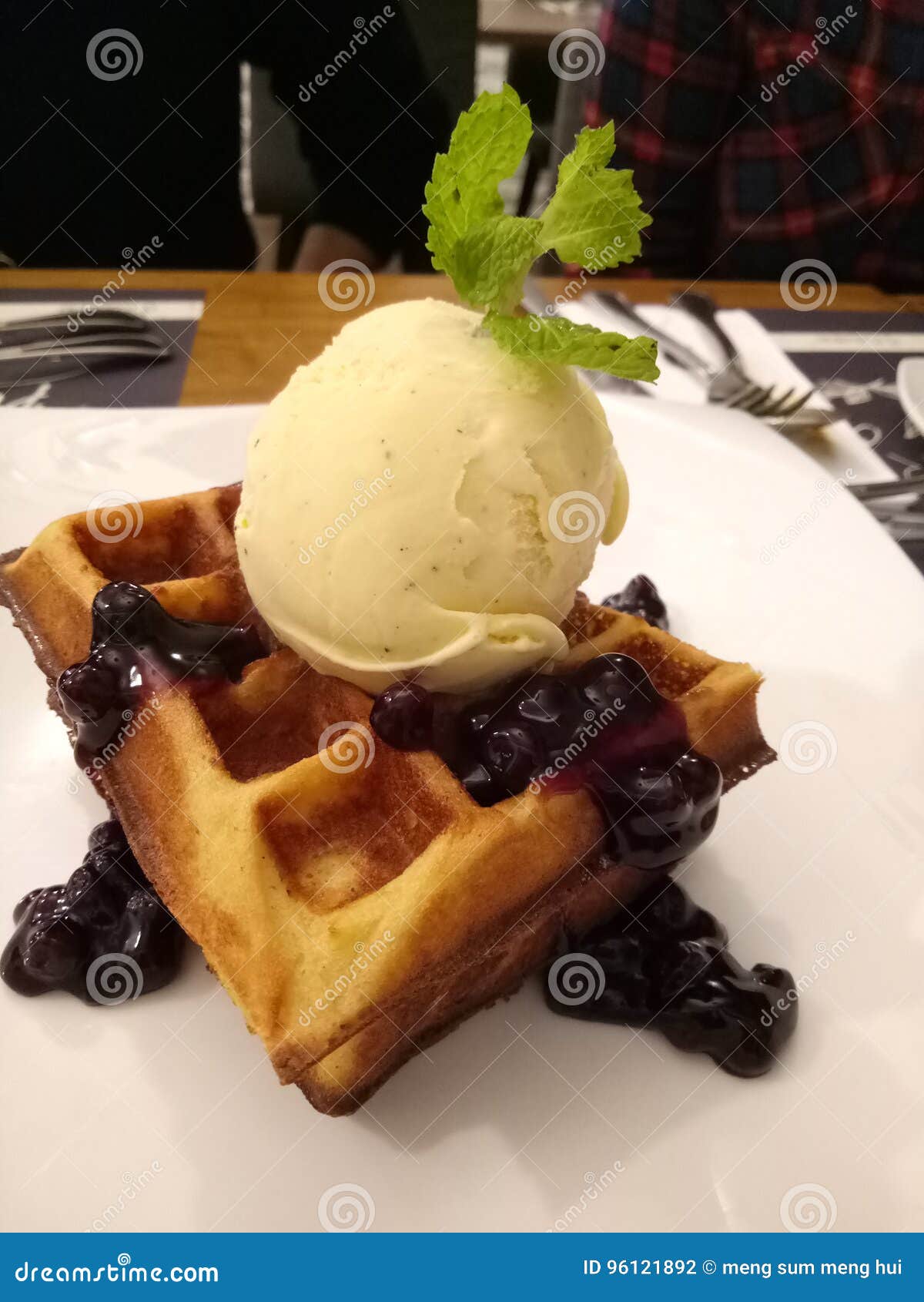 Blueberry ice cream waffle stock photo. Image of cream 96121892