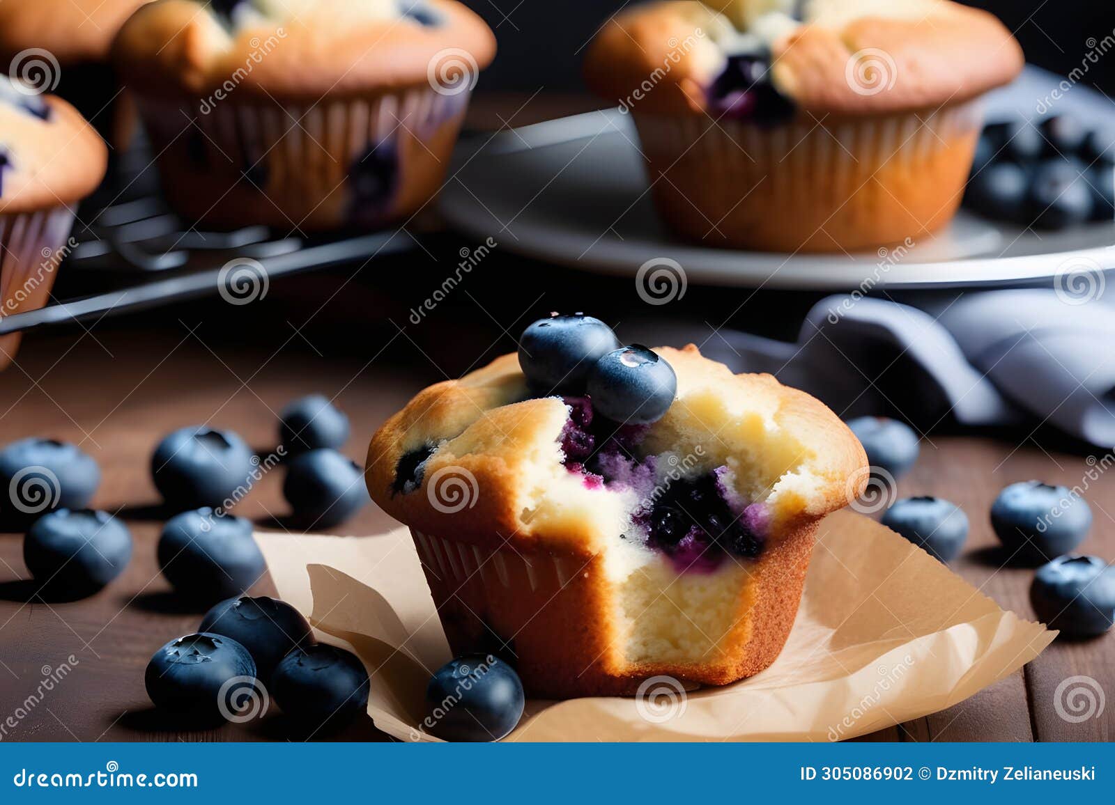 Blueberry Muffins on a Wooden Table. Generative AI Stock Illustration ...