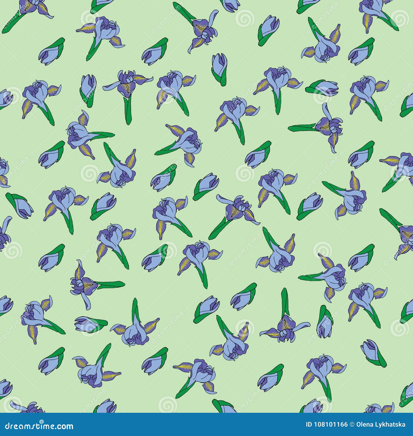 blueflag iris hand drawn pattern on green