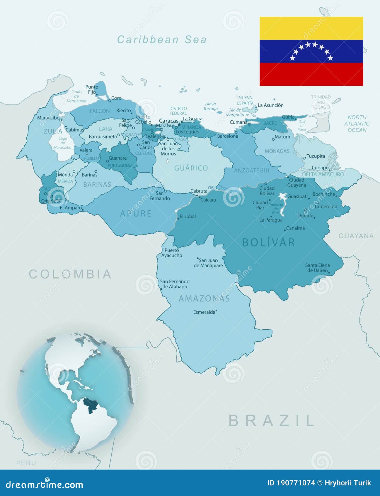 Mapa Detalhado Azul Esverdeado Das Divisões Administrativas