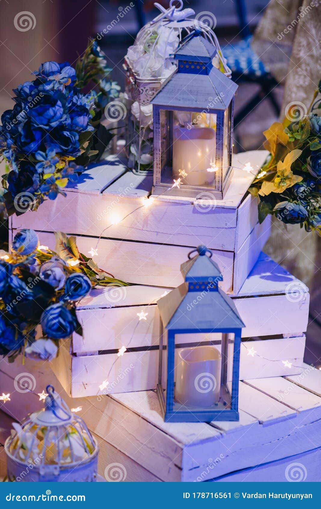blueish decoration with wooden boxes