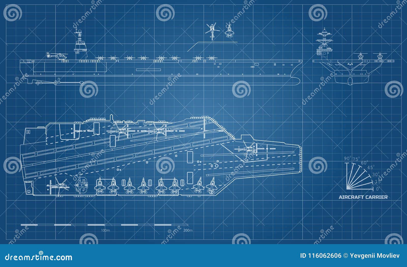 blueprint of aircraft carrier. military ship. top, front and side view. battleship model. warship in outline style