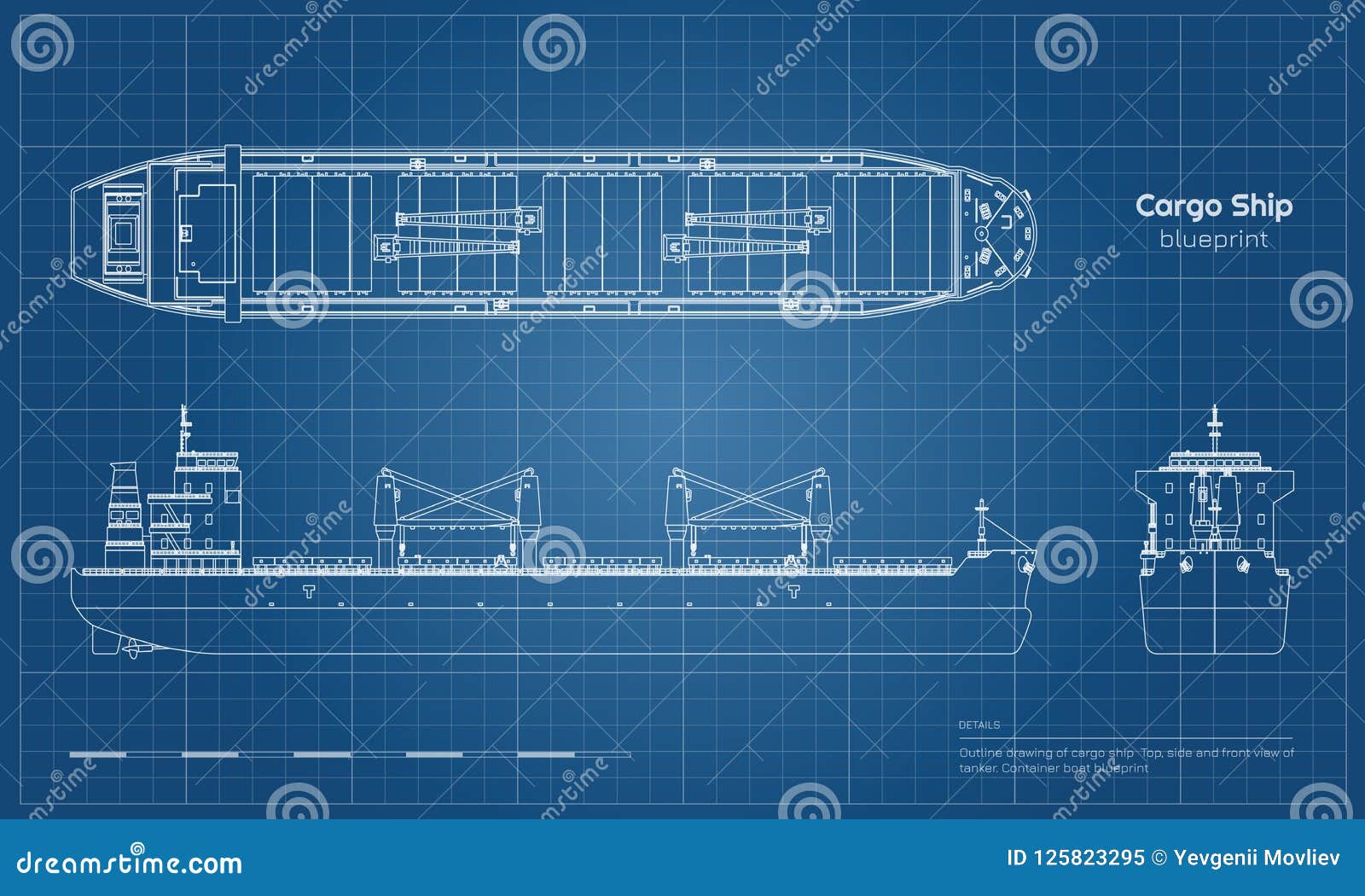 blueprint of cargo ship on white background. top, side and front view of tanker. container boat industrial drawing