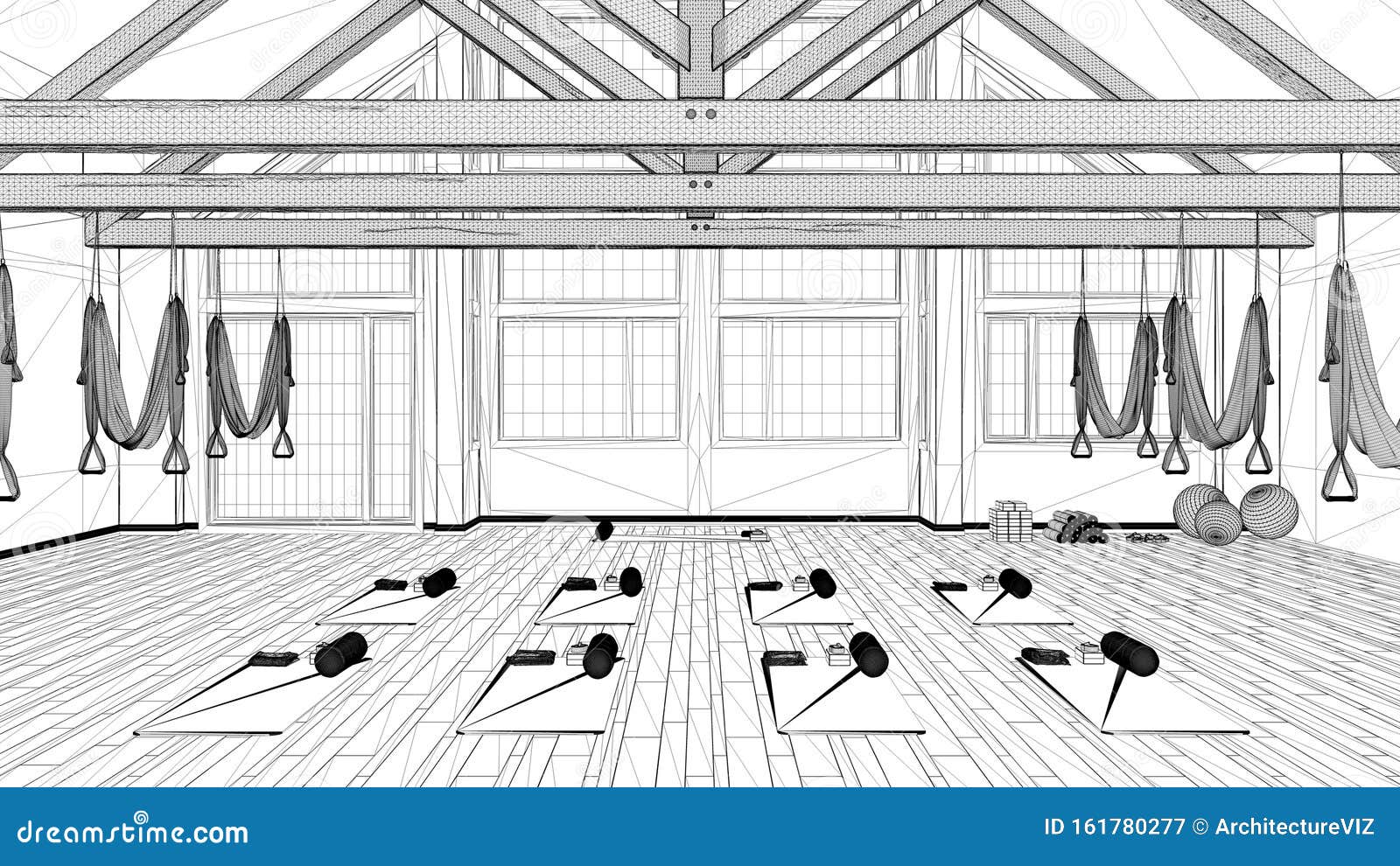 Empty yoga studio interior design, space with hammock, mats