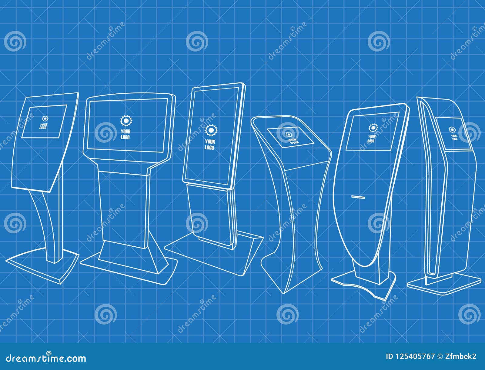 blueprint of six promotional interactive information kiosk, advertising display, terminal stand, touch screen display.