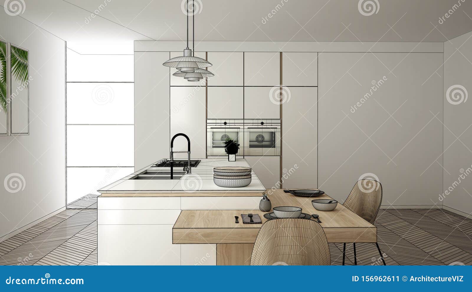 Blueprint Sketch Draft Design Concept Architect Designer Project Modern Clean Contemporary Kitchen Island And Dining Table Stock Illustration Illustration Of Contemporary Creative 156962611