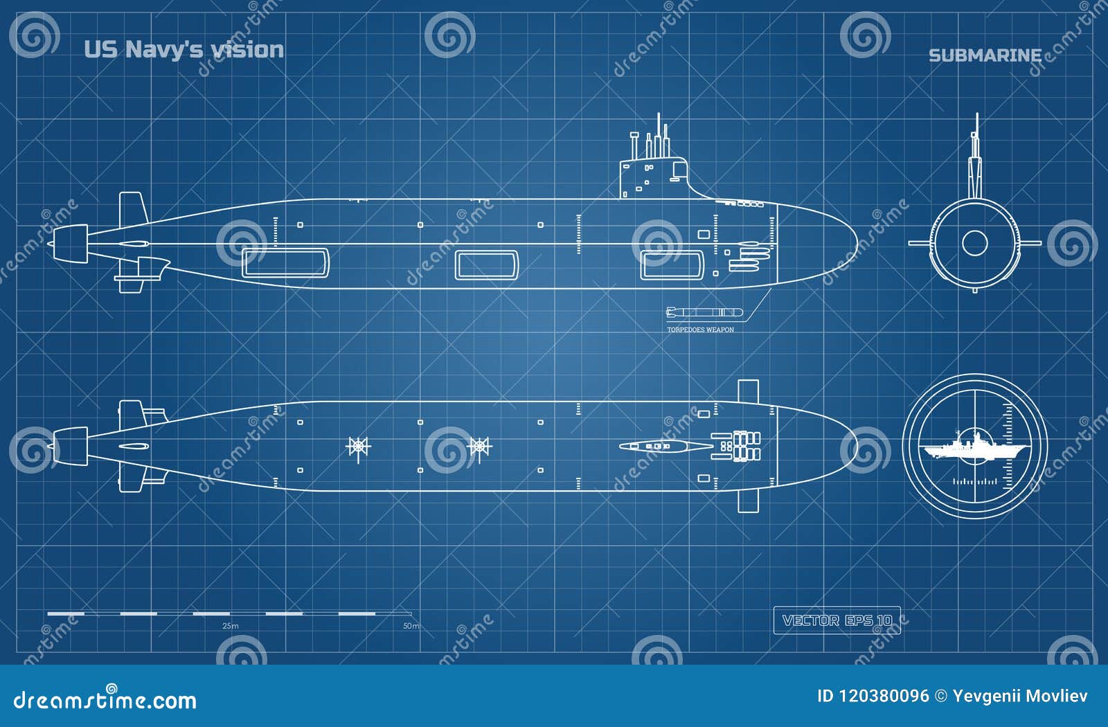 blueprint of submarine. military ship. top, front and side view. battleship model. industrial drawing. warship