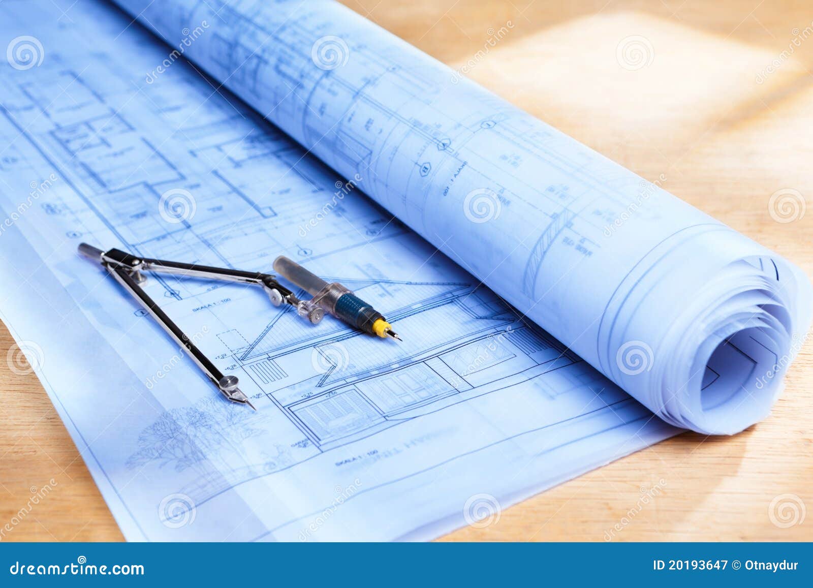 Blueprint on wooden desk stock image. Image of plan, still 20193647