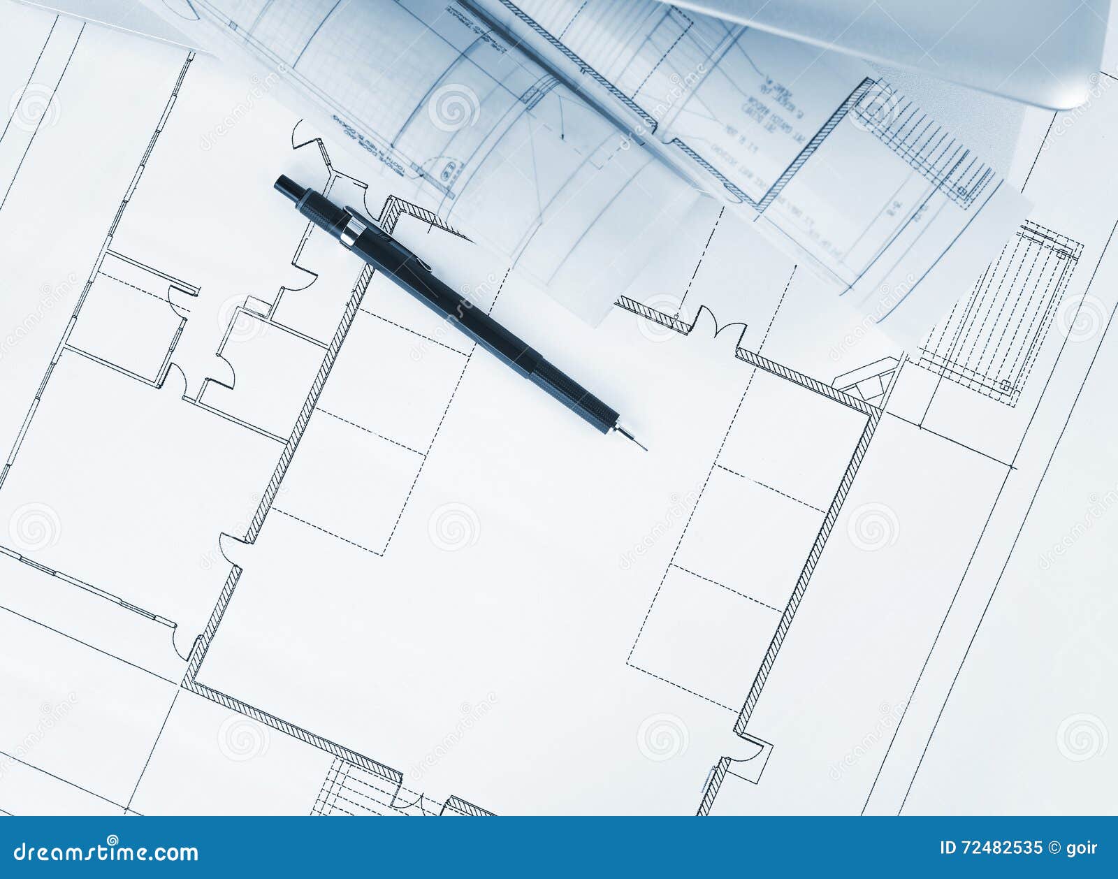 Blueprints and laptop stock image. Image of improvement 72482535