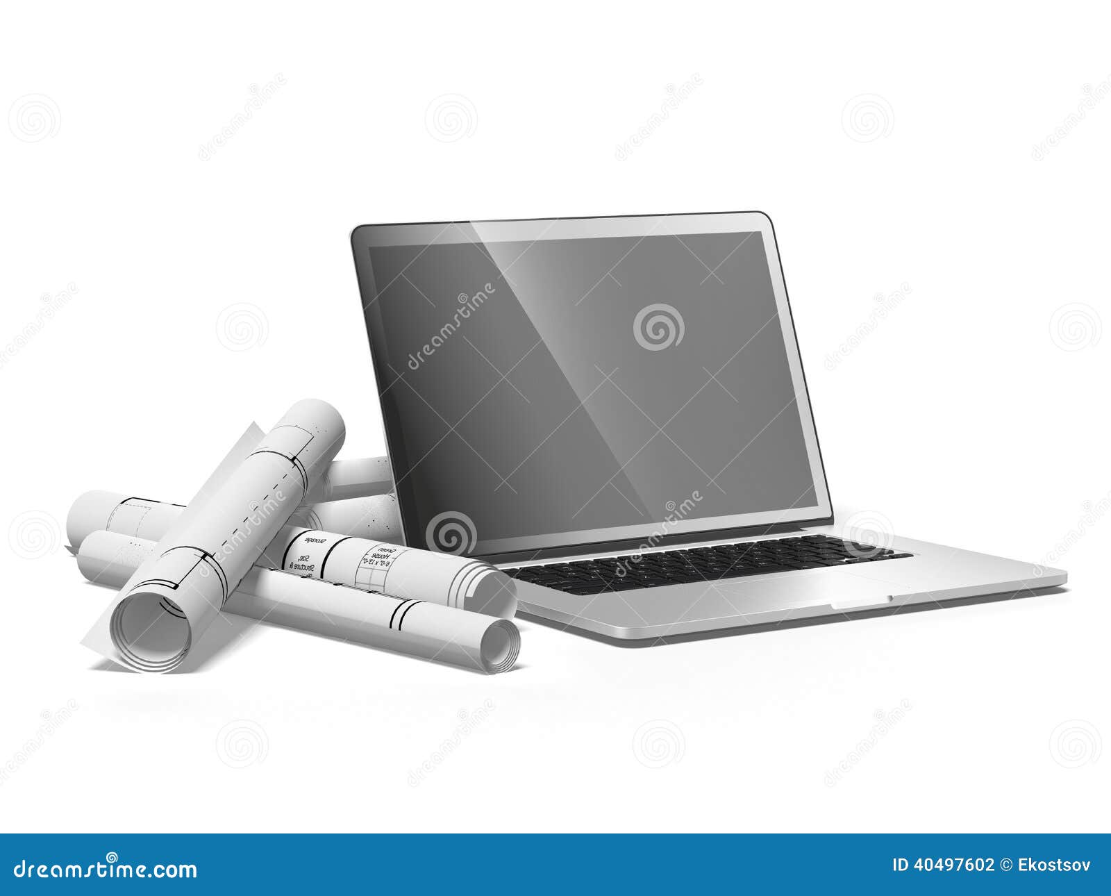 Blueprints and laptop stock illustration. Illustration of design 40497602