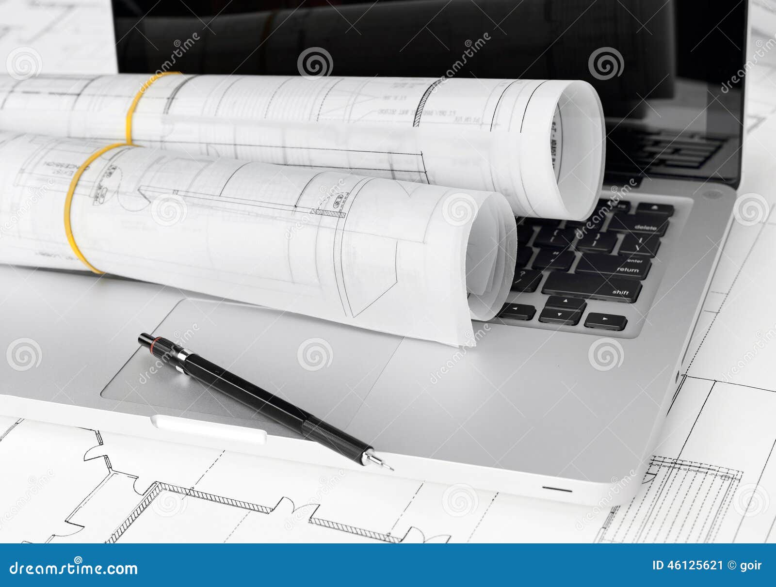 Blueprints and laptop stock image. Image of addition 46125621