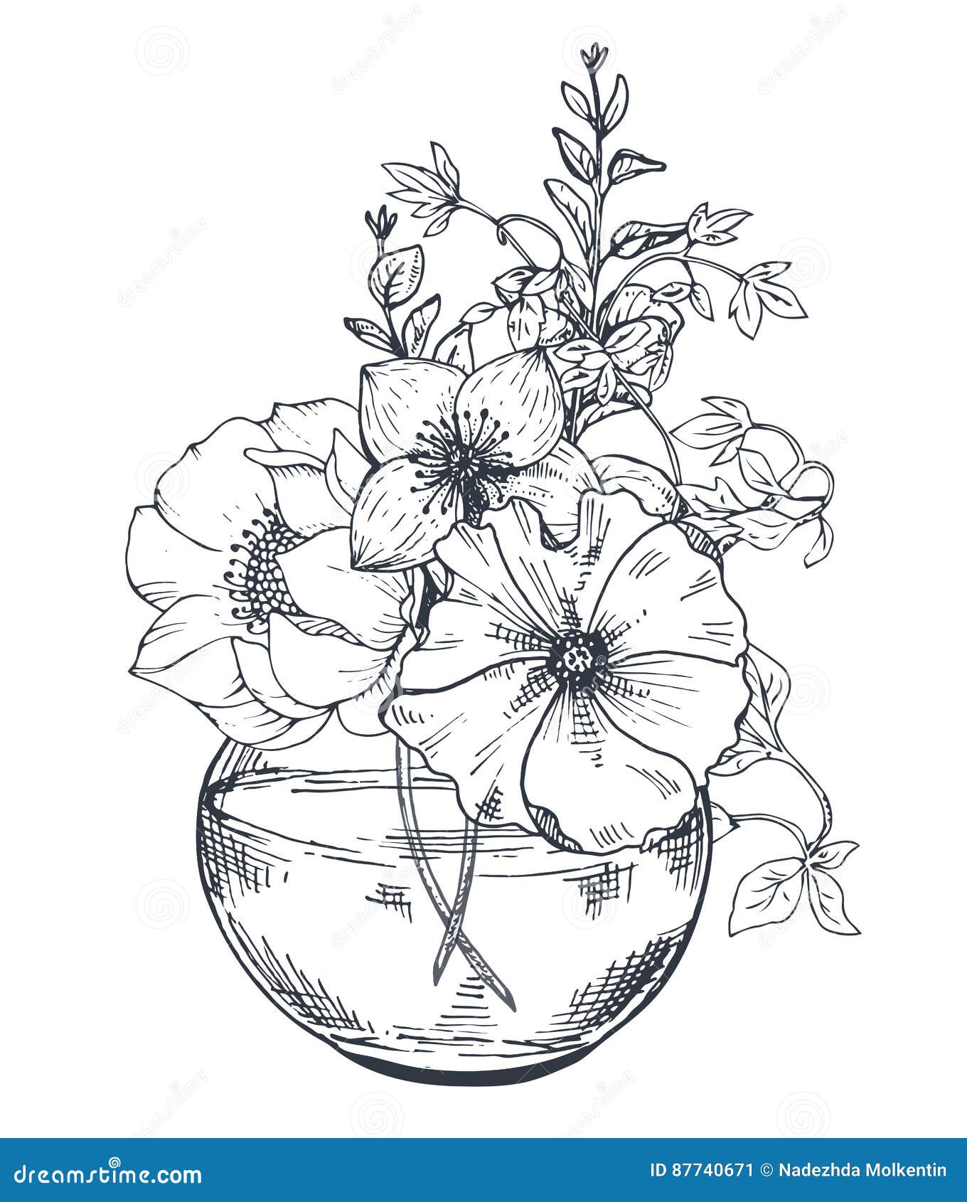 Blumenstrausse Mit Hand Gezeichneten Blumen Und Anlagen Im Glas Vektor Abbildung Illustration Von Blumen Glas