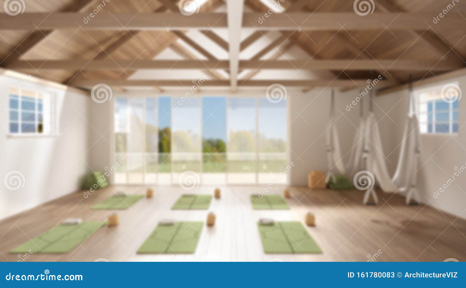Empty yoga studio interior design, minimal open space with mats