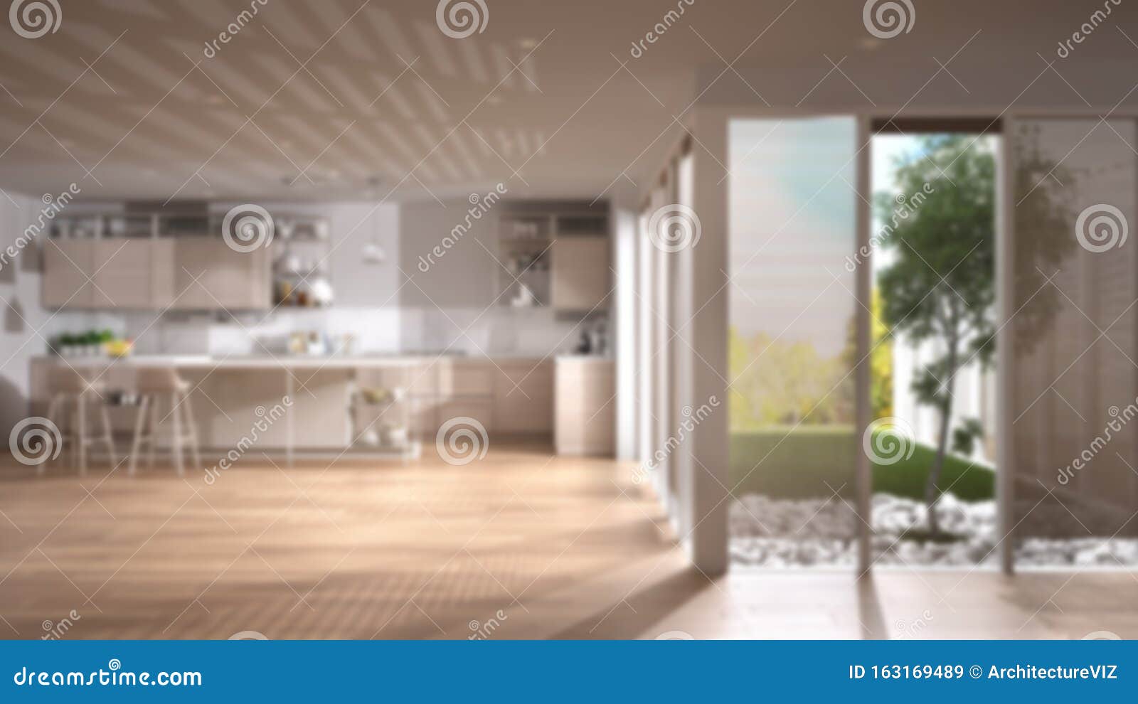 blur background interior : minimalist open space in patio house, modern kitchen with island, stools, veranda with grass,