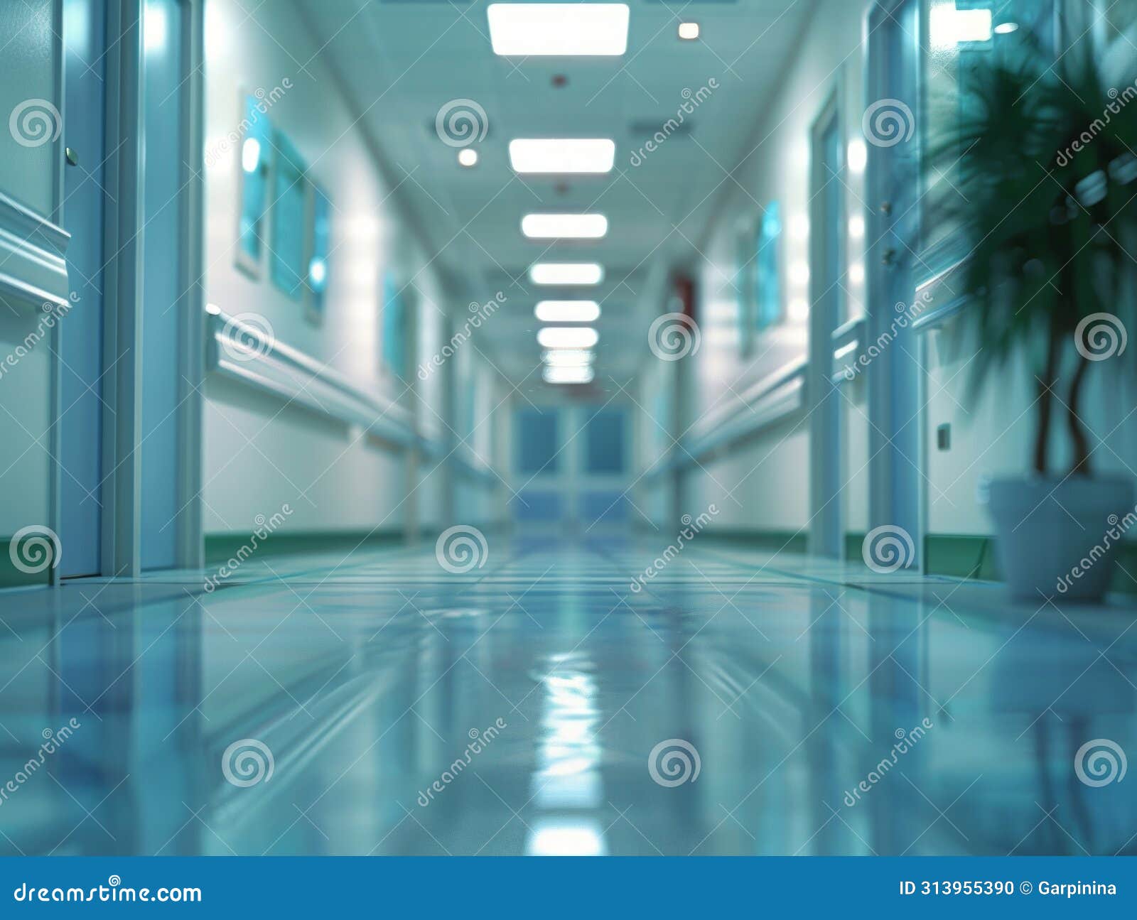 immagine serena e sfocata di un corridoio d'ospedale vuoto, immerso in una luce fresca e rasserenante.