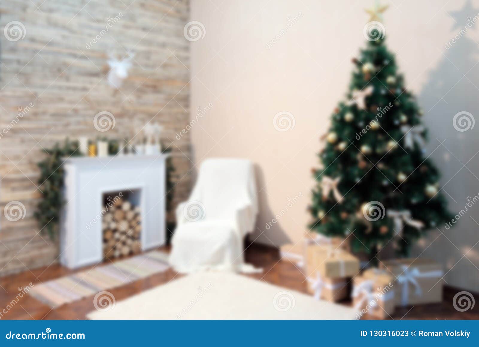 Blur. a Room with a Fireplace, a Christmas Tree and a White Background ...