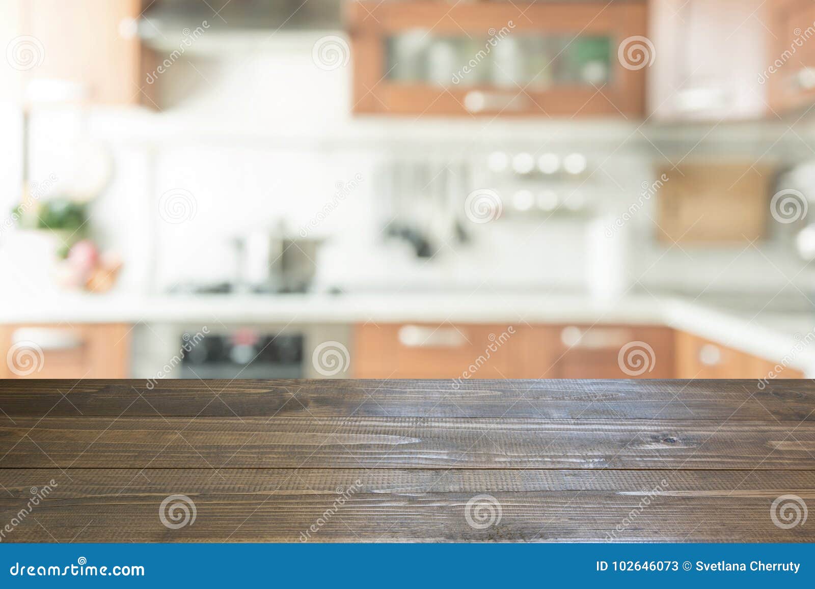 Blurred Background. Modern Kitchen with Tabletop and Space for You