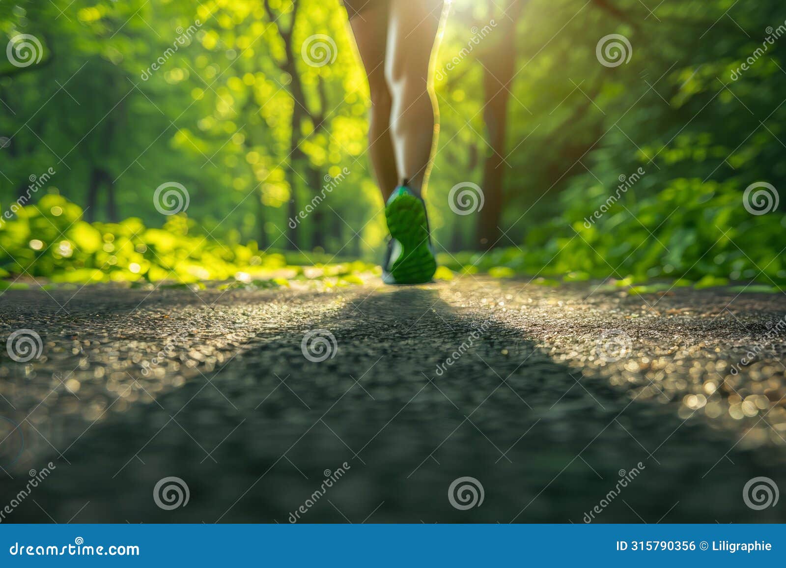 blurred background with person jogging in sunlit park. concept healthy lifestyle and outdoor exercise. selective focus