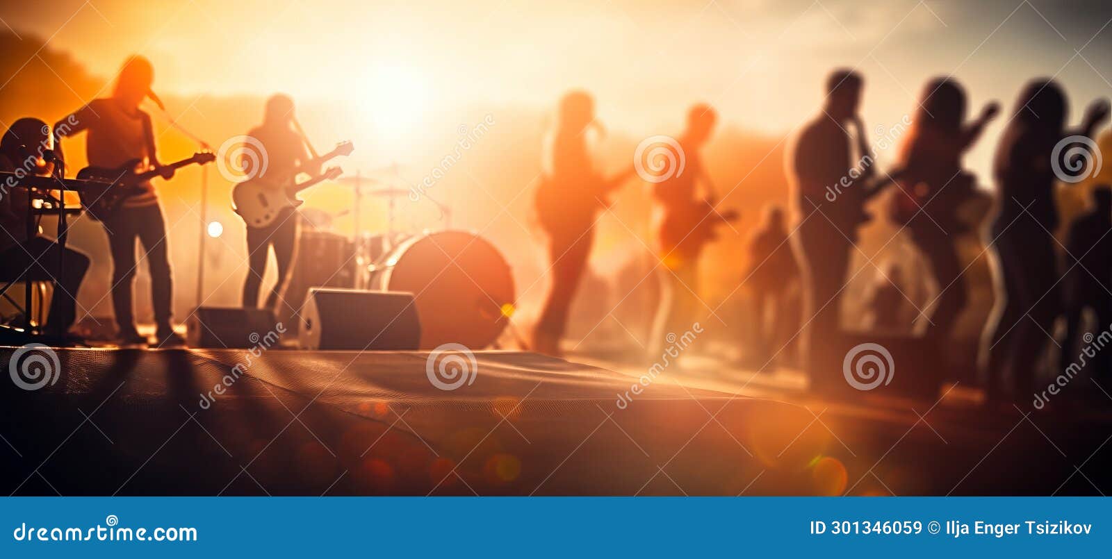 blurred bokeh effect at colorful music festival with live band performance and dancing crowd
