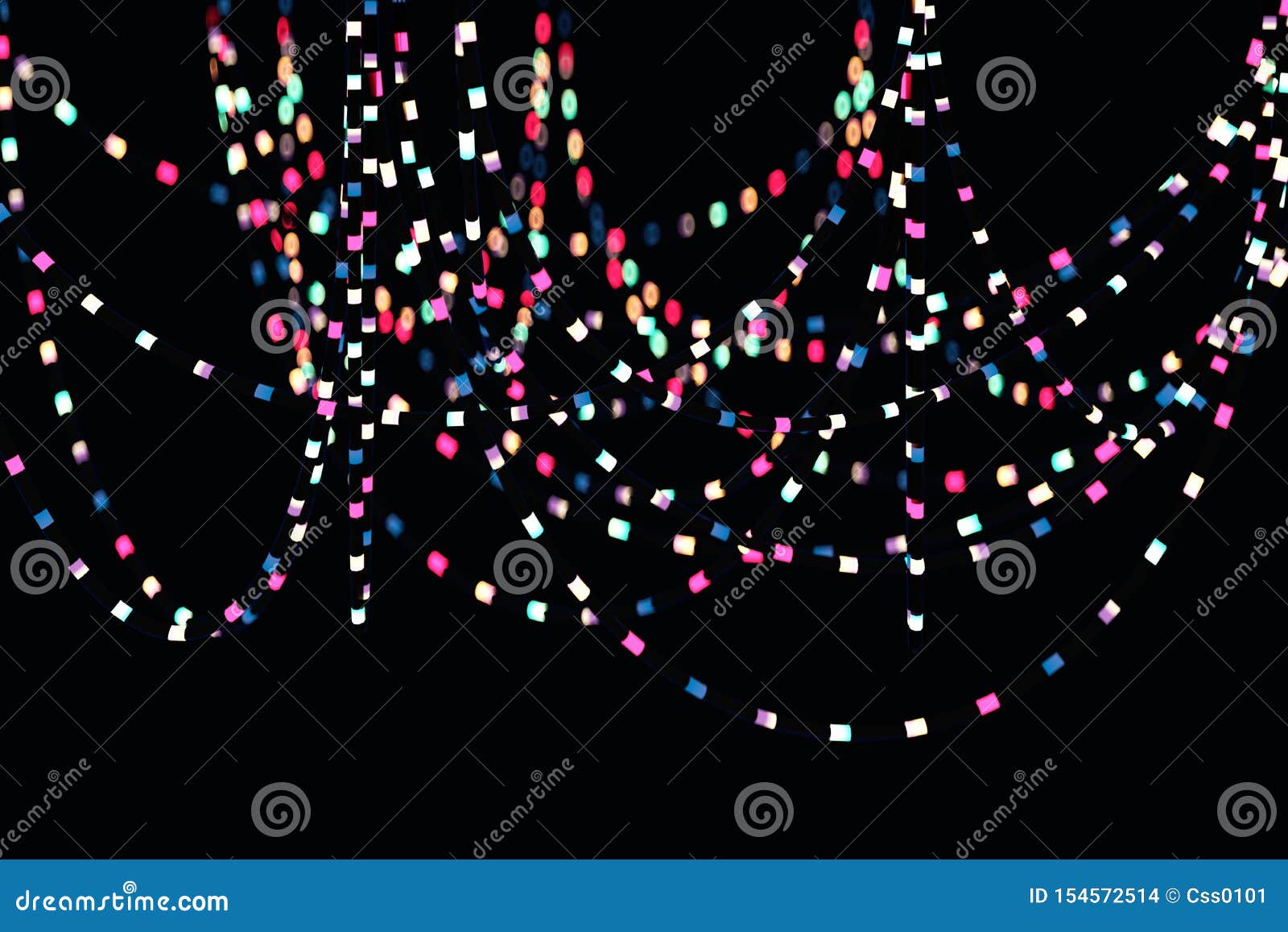 blurred bokeh of party hanging lightining colorful wire garland. 3d 