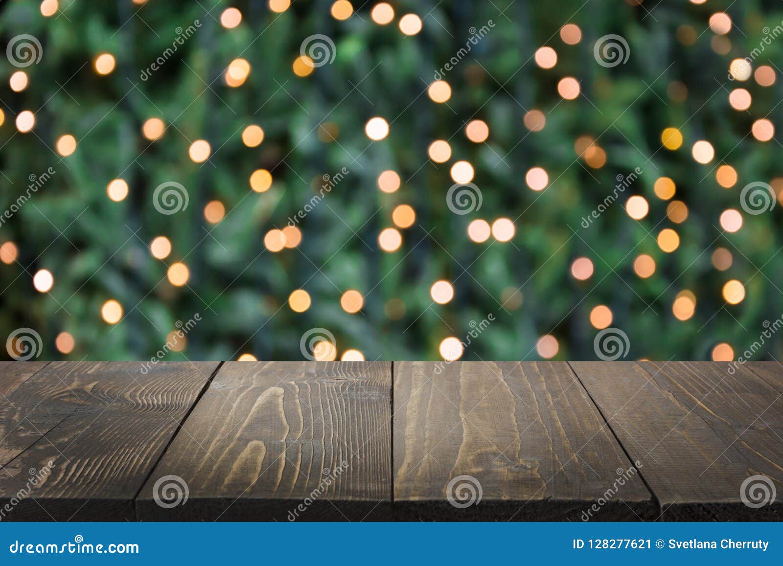 Blurred Gold Garland and Wooden Tabletop As Foreground. Image for ...