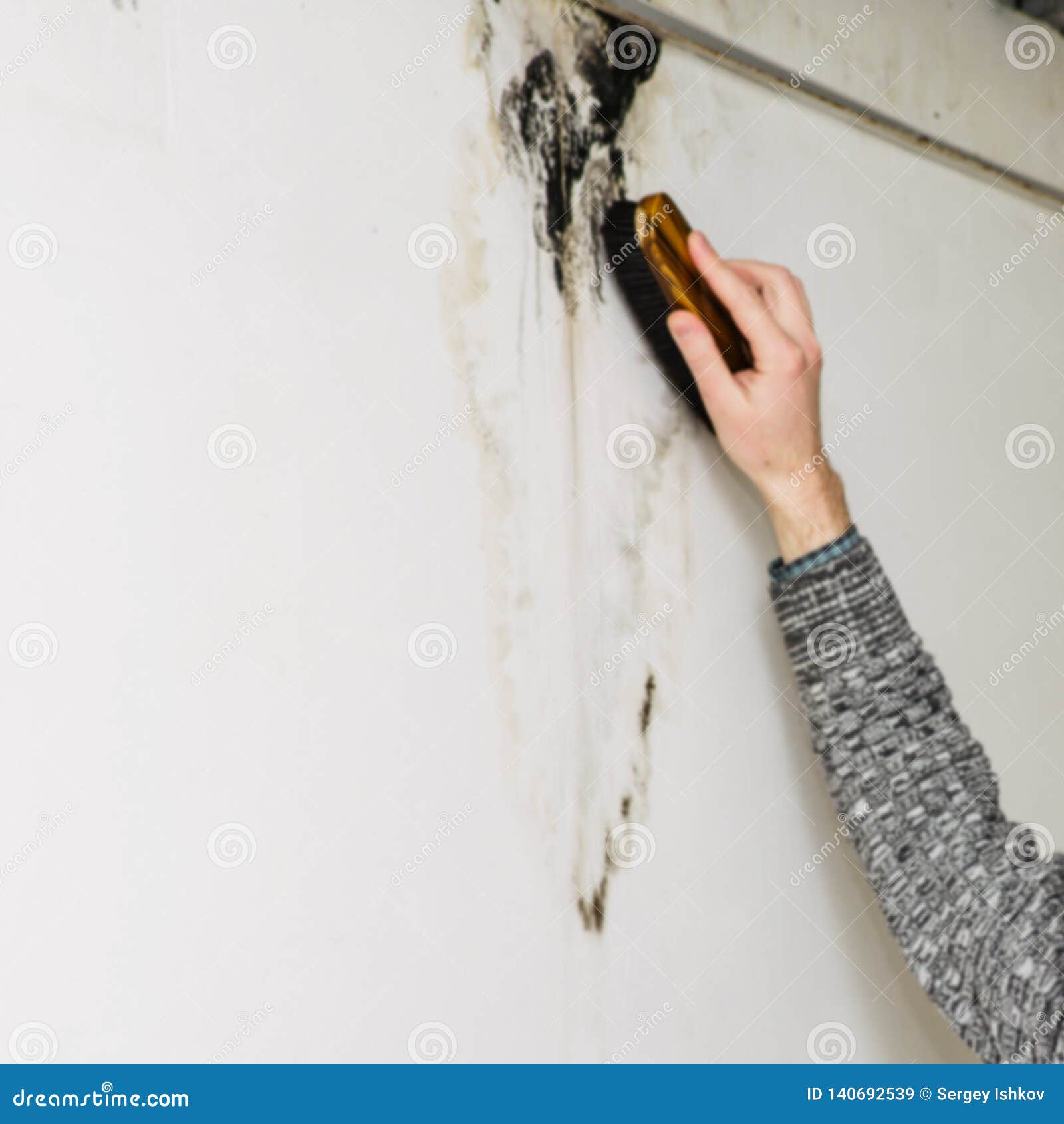 Blurred Image of a Man`s Hand Removes Black Mold on the Wall after Leakage Stock Image Image