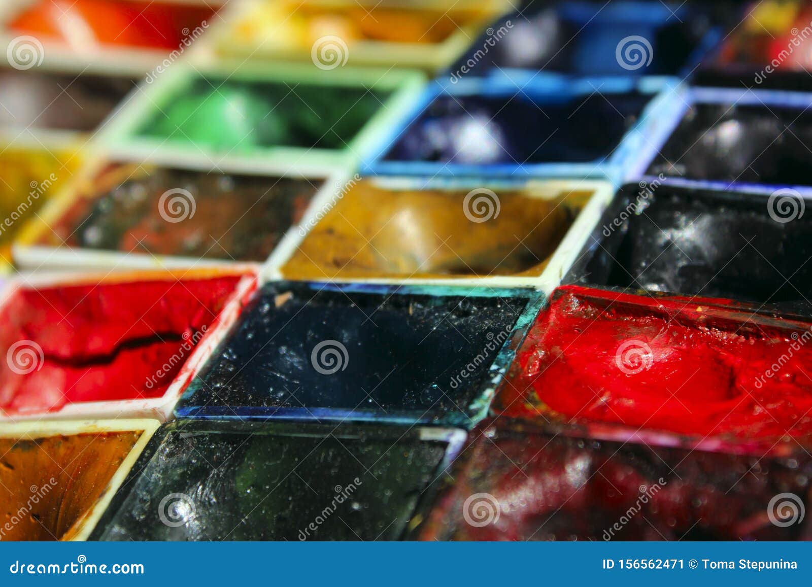 art materials, hobby concept. palette of colors, close up.