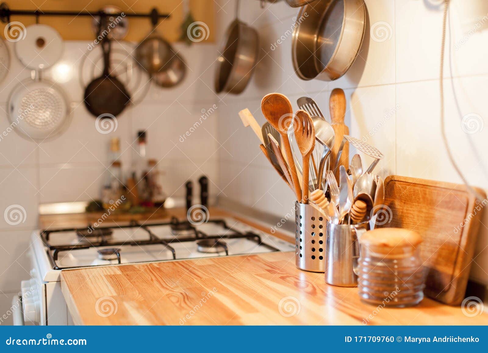 Blurred Kitchen Background With Linen Towel And White Cupboard