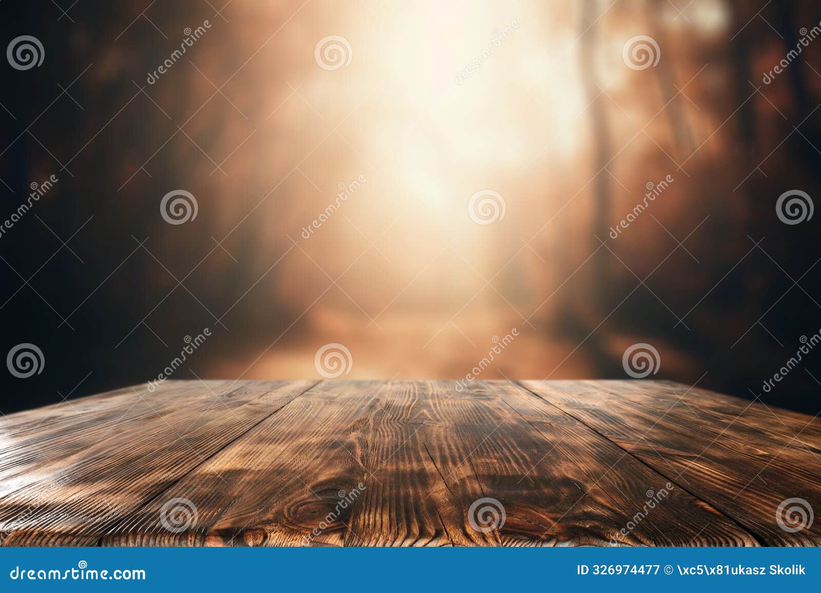 empty wooden board table with copy space for montage products dispaly with blur evening sunlight in forest background.