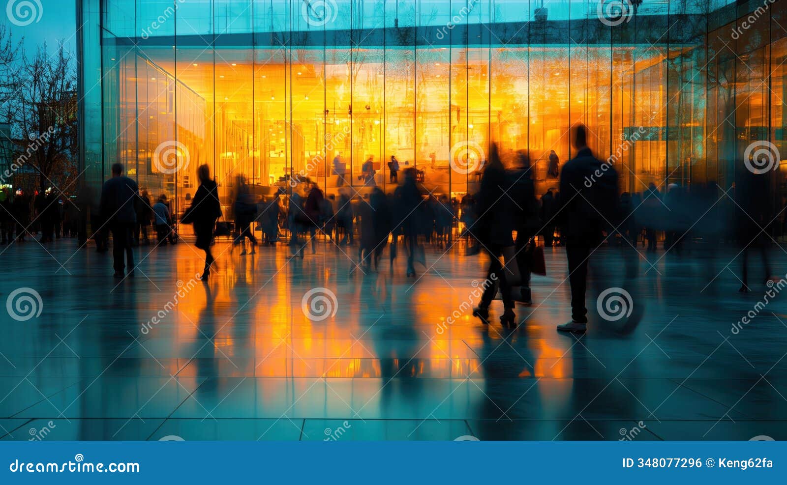 blurred office scene with people working behind glass wall, creating vibrant atmosphere