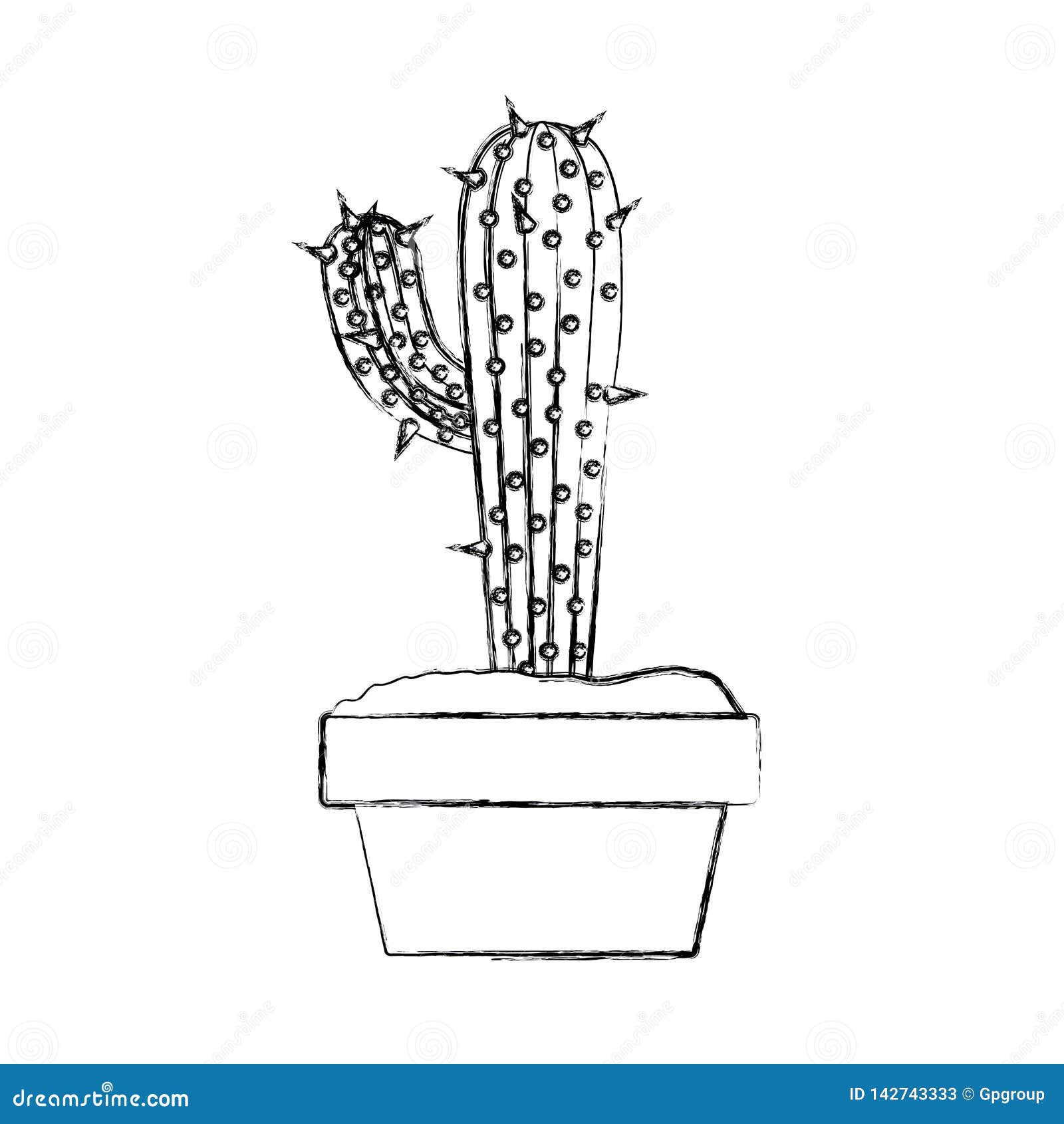 Silhouette Cactus With Flower In Pot. Outline Icon Of Houseplants
