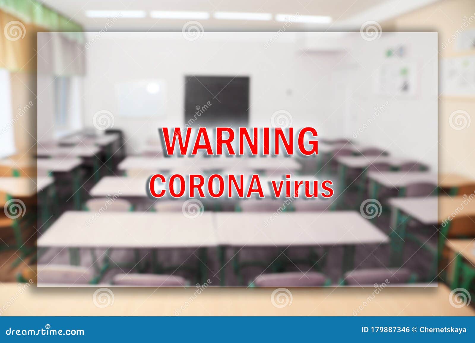 blurred view of classroom and text warning corona virus. school closings during covid-19 pandemic