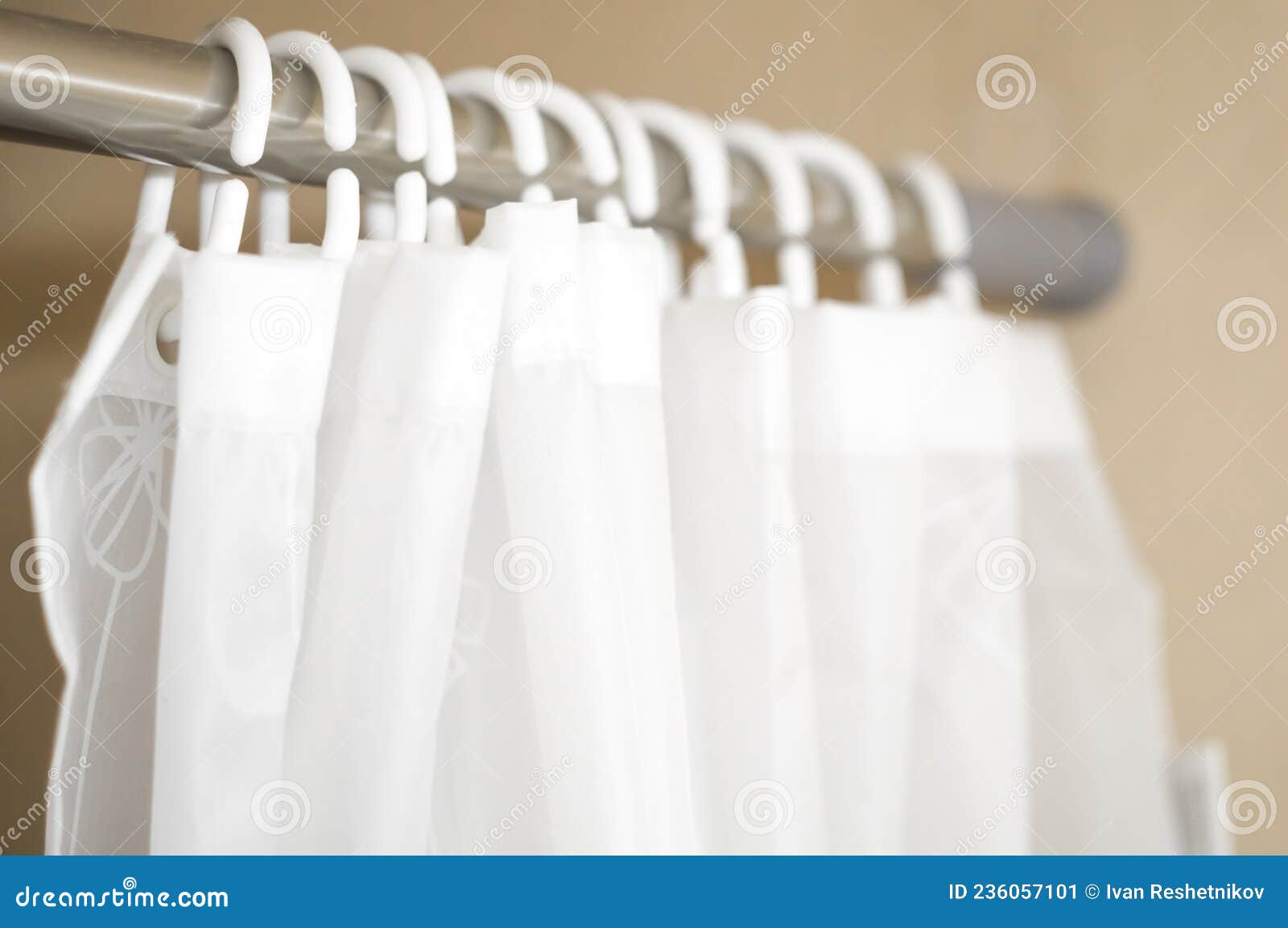 Blurred White Plastic Hooks Curtains for Bath. Hooks on an Aluminum Rod for  Bathroom Curtains Stock Image - Image of material, curtain: 236057101