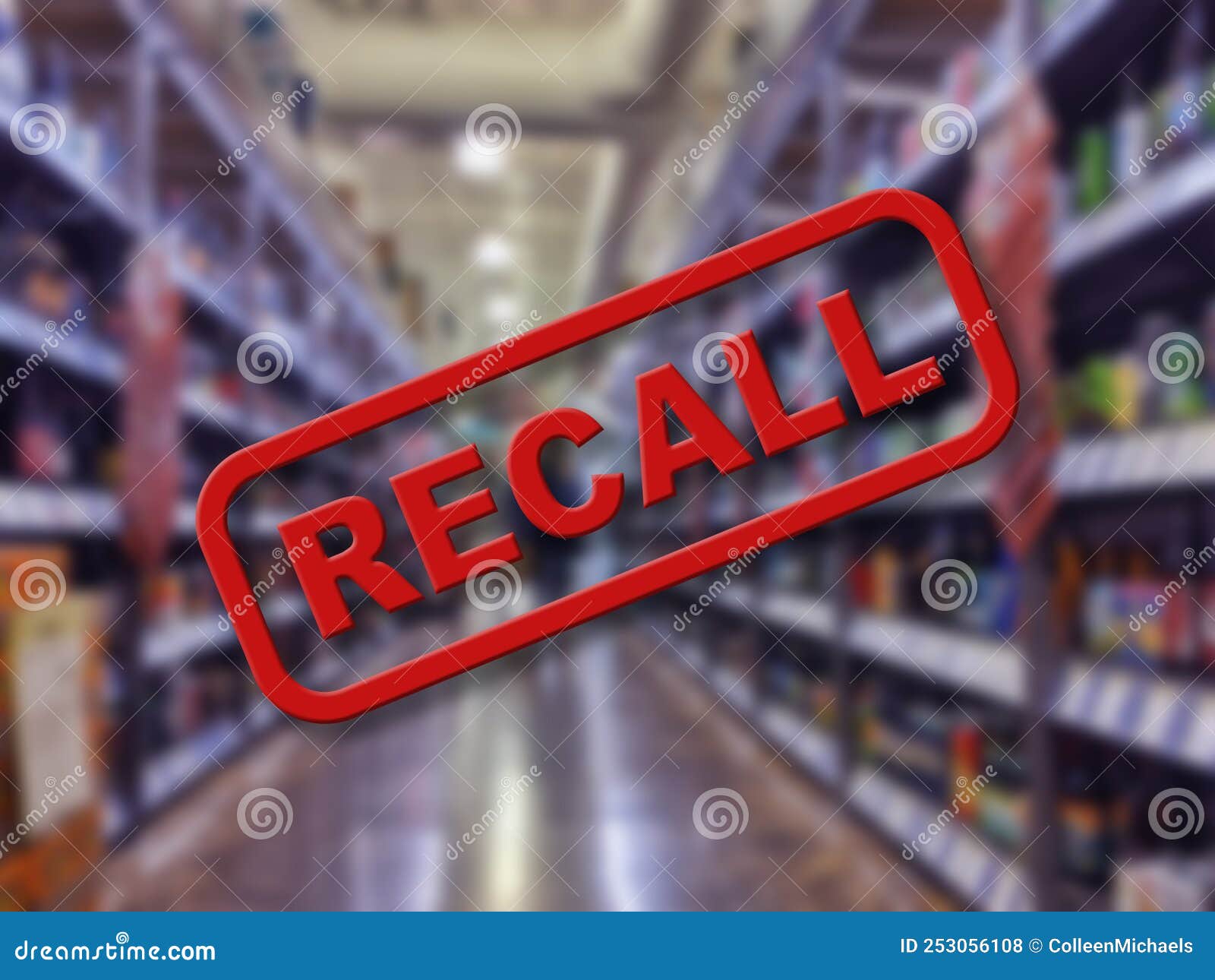 blurry interior of a liquor store aisle behind large red recall text
