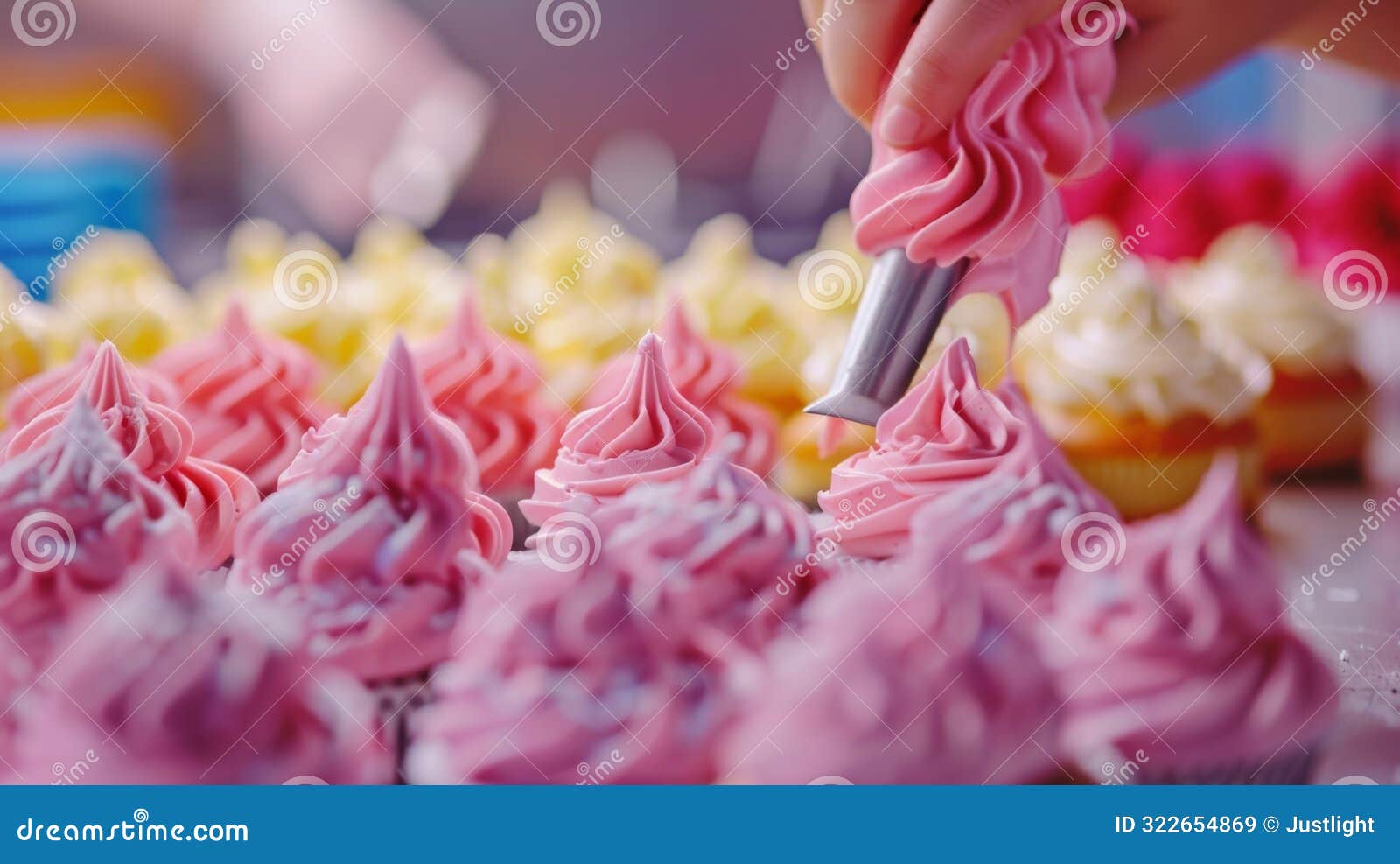 blurry s of colorful frosting being piped onto cakes