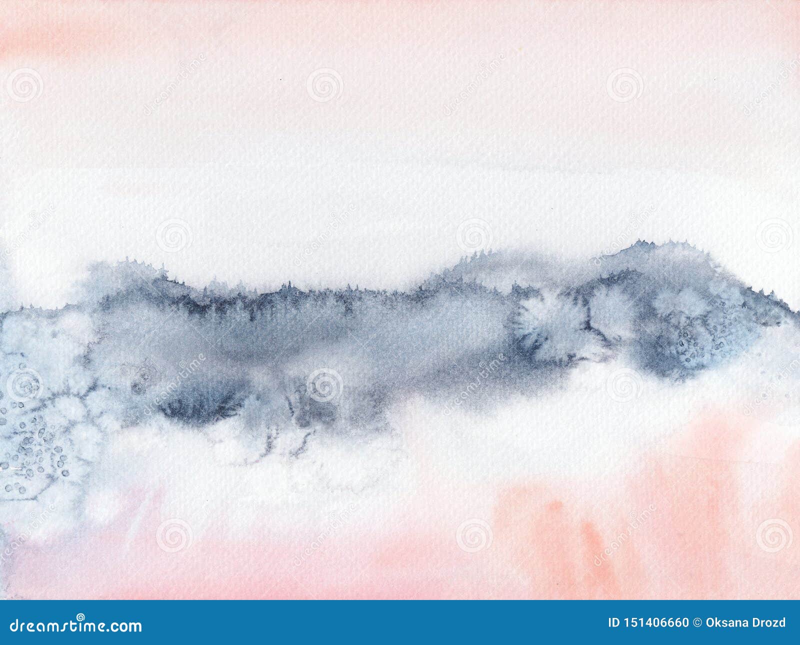 Blush Pink And Navyblue Abstract Watercolor Hand Painted Landscape Stock Photo - Image Of Blue, Gray: 151406660