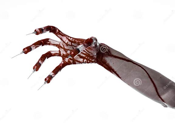Blutige Hand Mit Spritze Auf Den Fingern, Zehenspritzen, Handspritzen ...