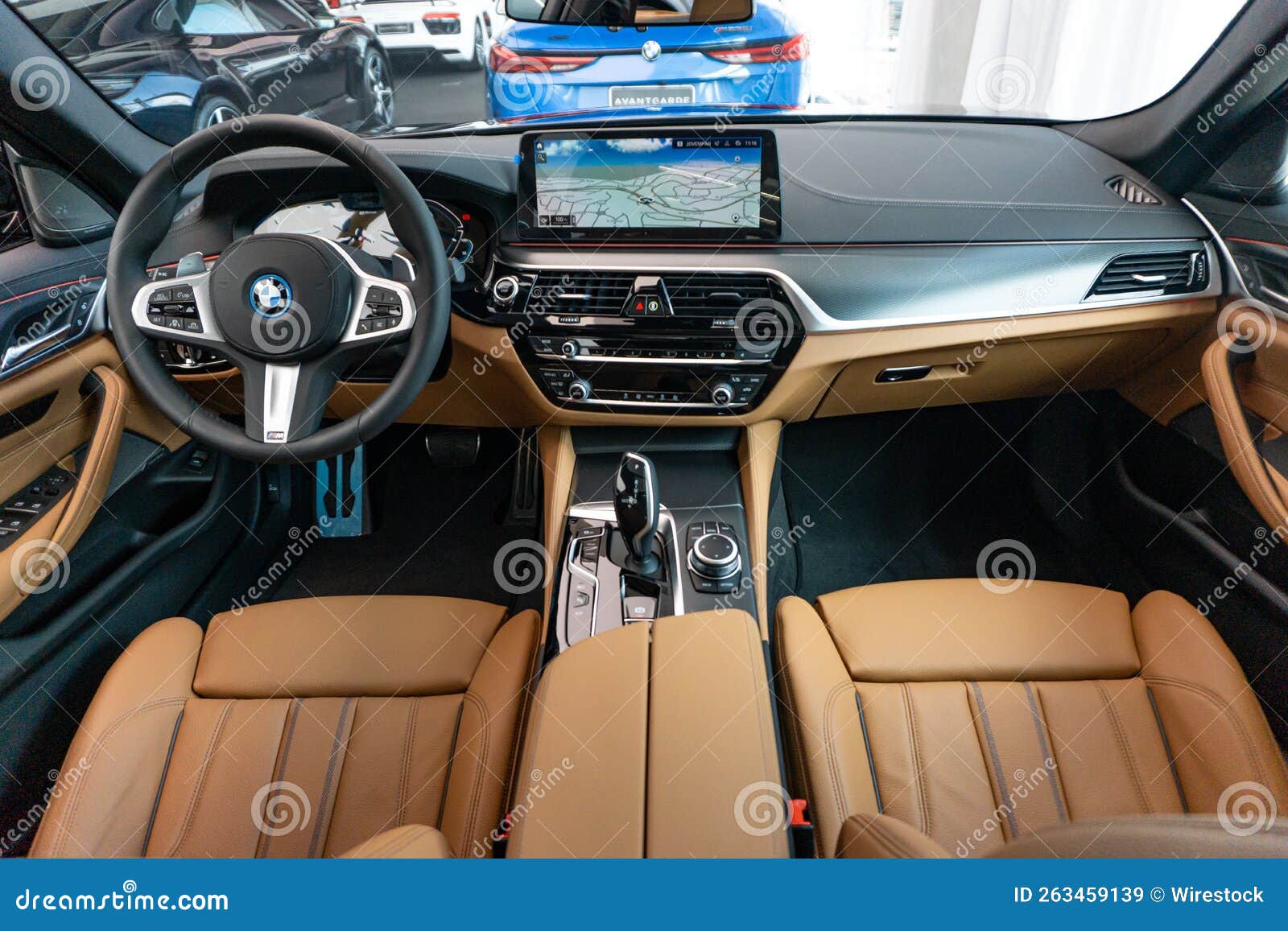 BMW 530e Dashboard View with Brown Leather Editorial Stock Image