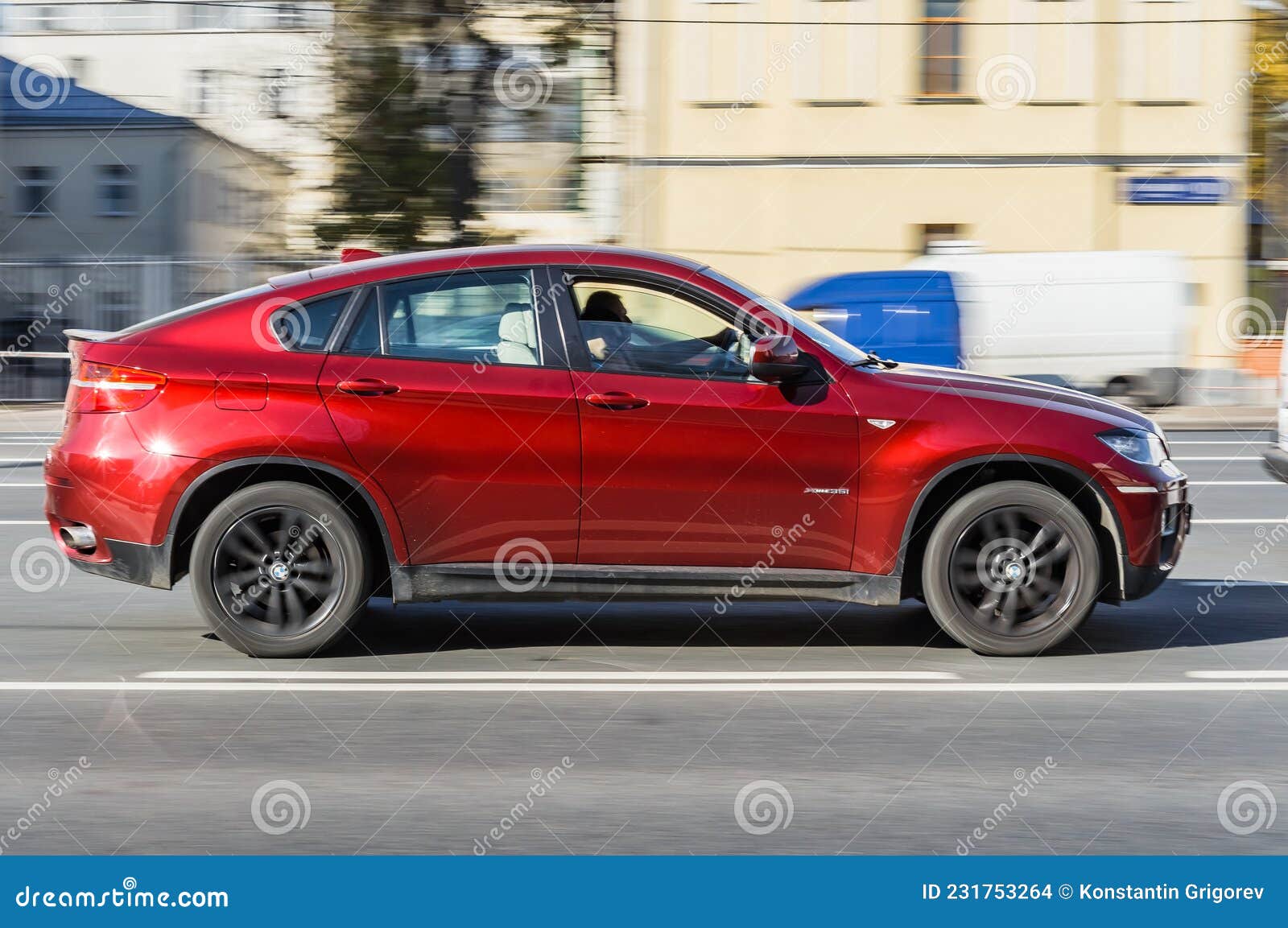 BMW X6 First Generation E71, Car Driving in City with Motion Blur