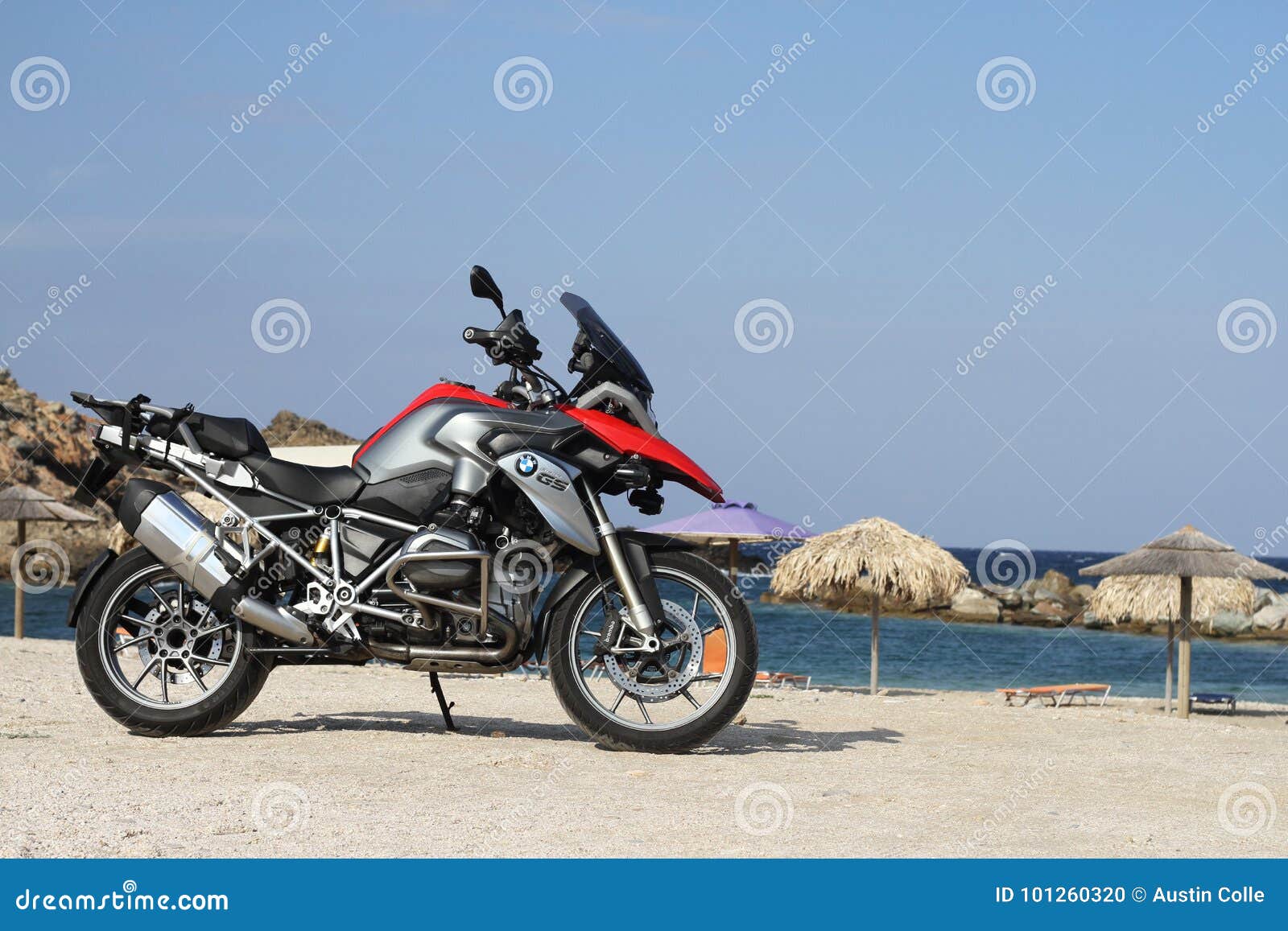 BMW R1200GS TE Motorcycle on Zarko Beach in Evia, Greece. Editorial