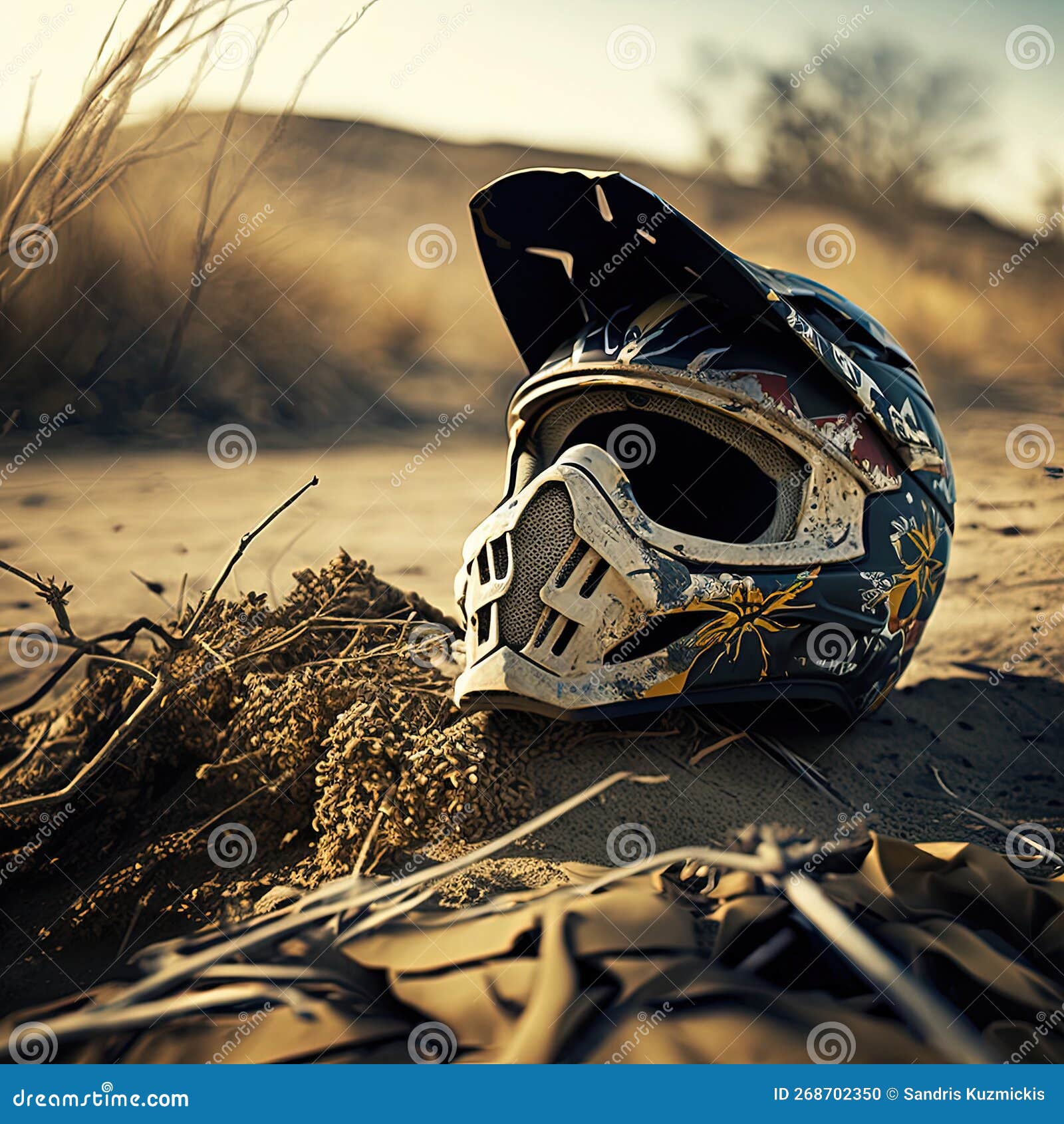 BMX Full Face Helmet on Dirt Ground. Generative AI Stock Illustration